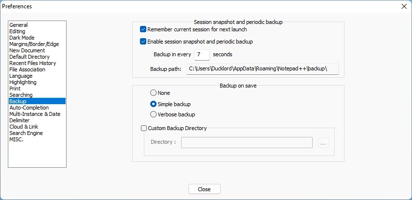 NotepadPlusPlus Enabled Simple Backups