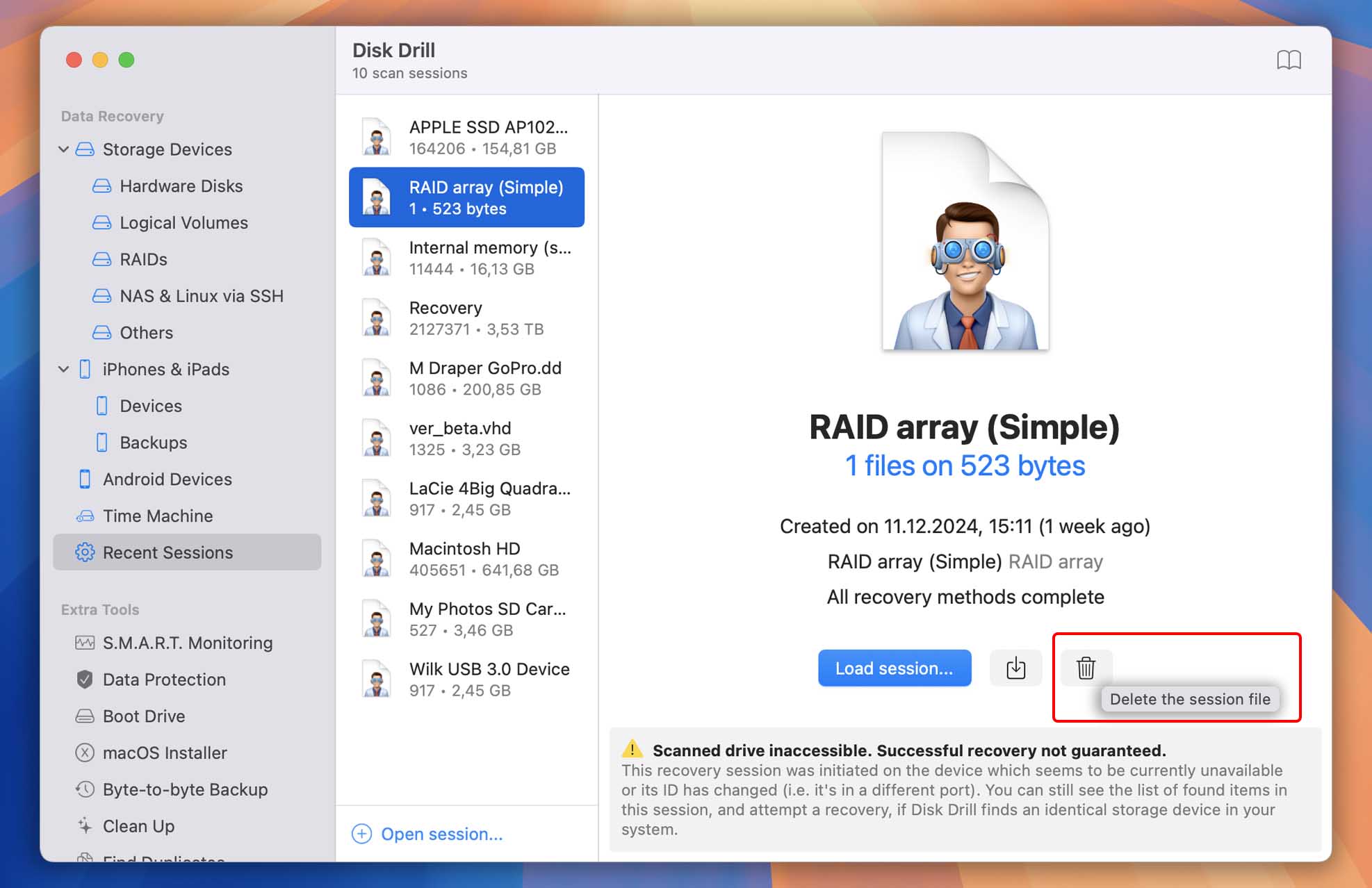 recovery sessions disk drill macos