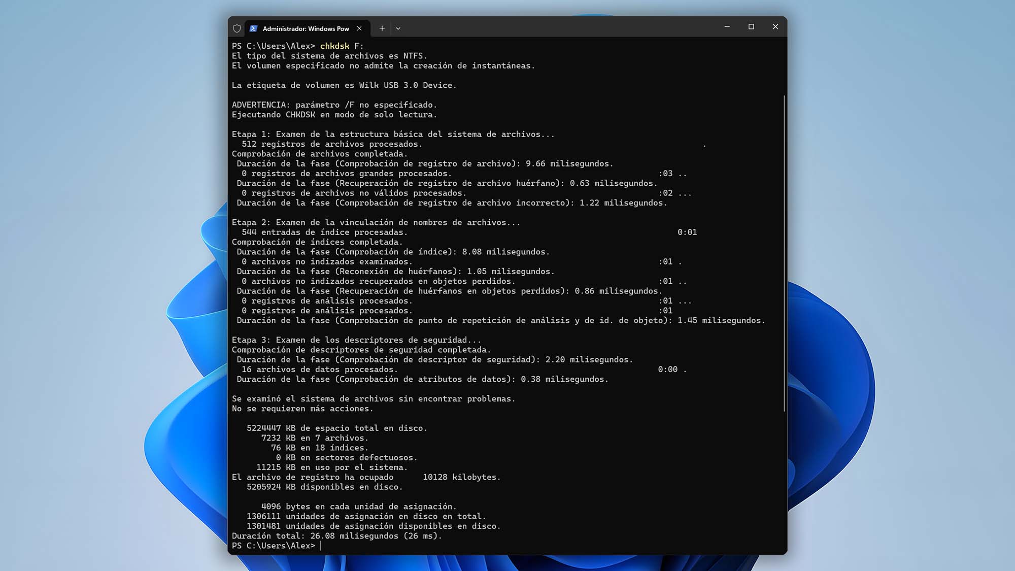 Ejecutando el comando CHKDSK.