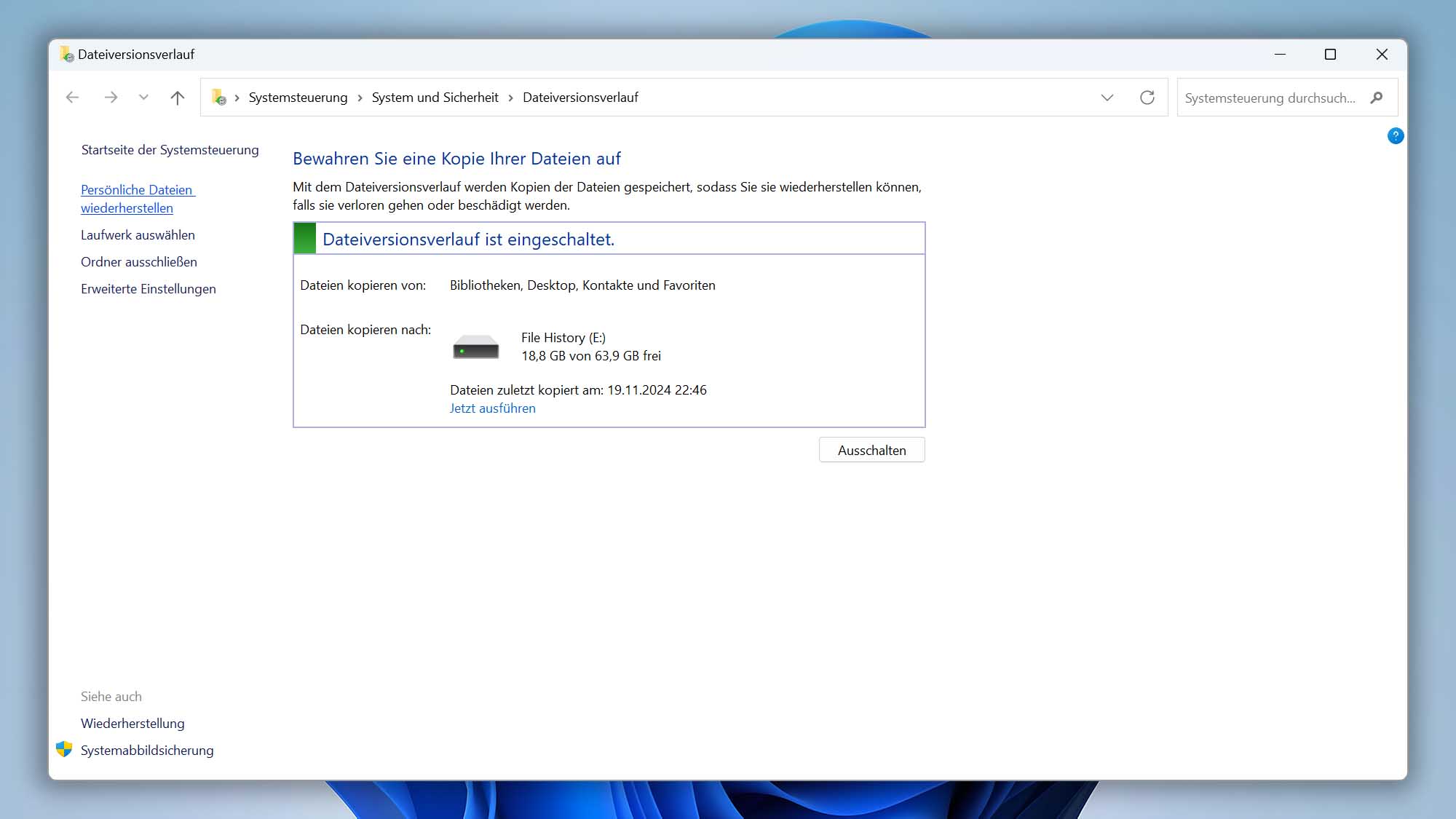 Persönliche Dateien wiederherstellen Dateiversionsverlauf Systemsteuerung