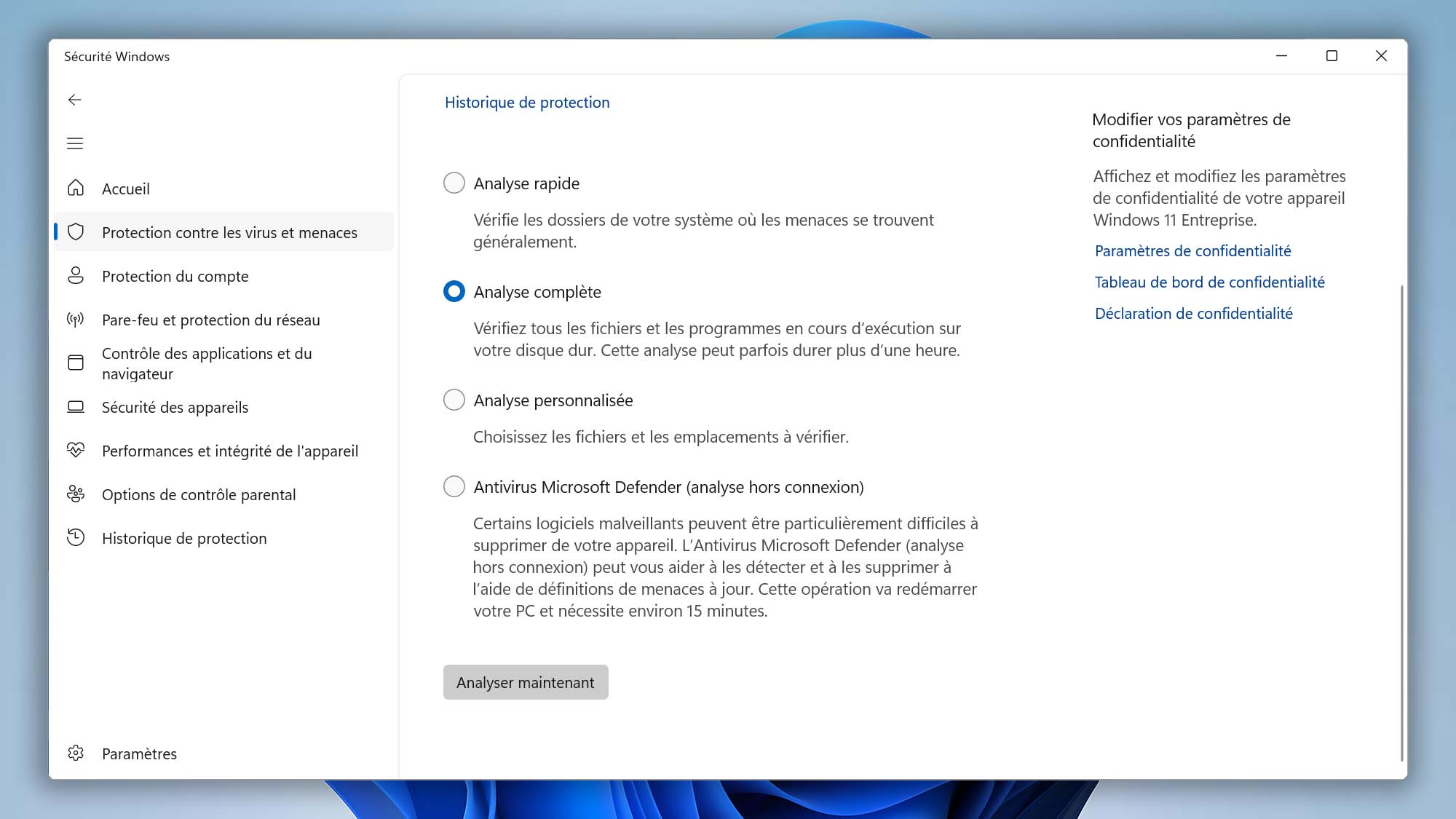 Exécution d'une analyse complète de la sécurité de Windows