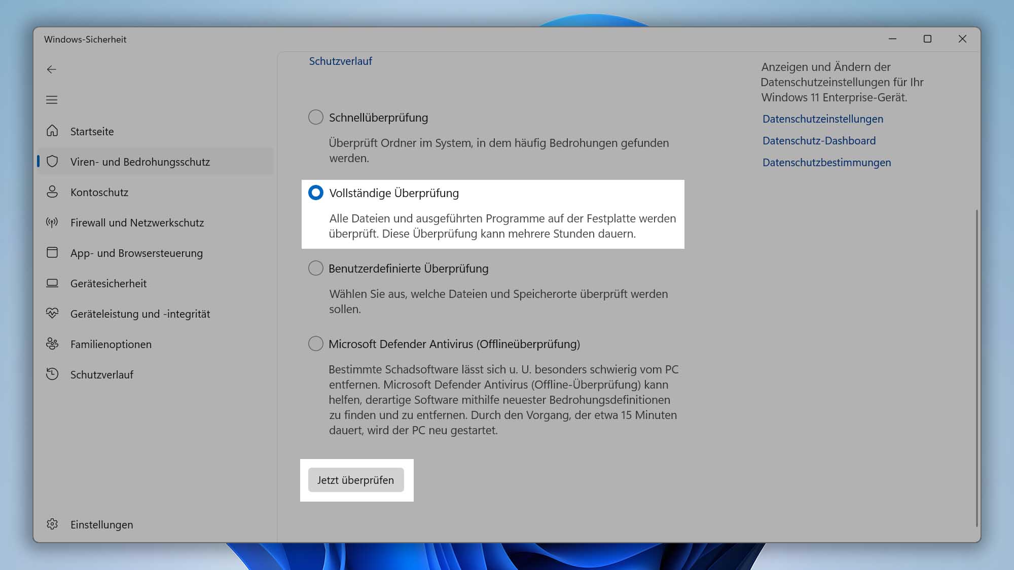 Durchführen eines vollständigen Windows-Sicherheits-Scans