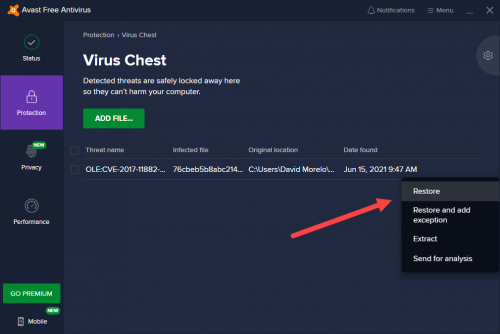 how to restore avast deleted files