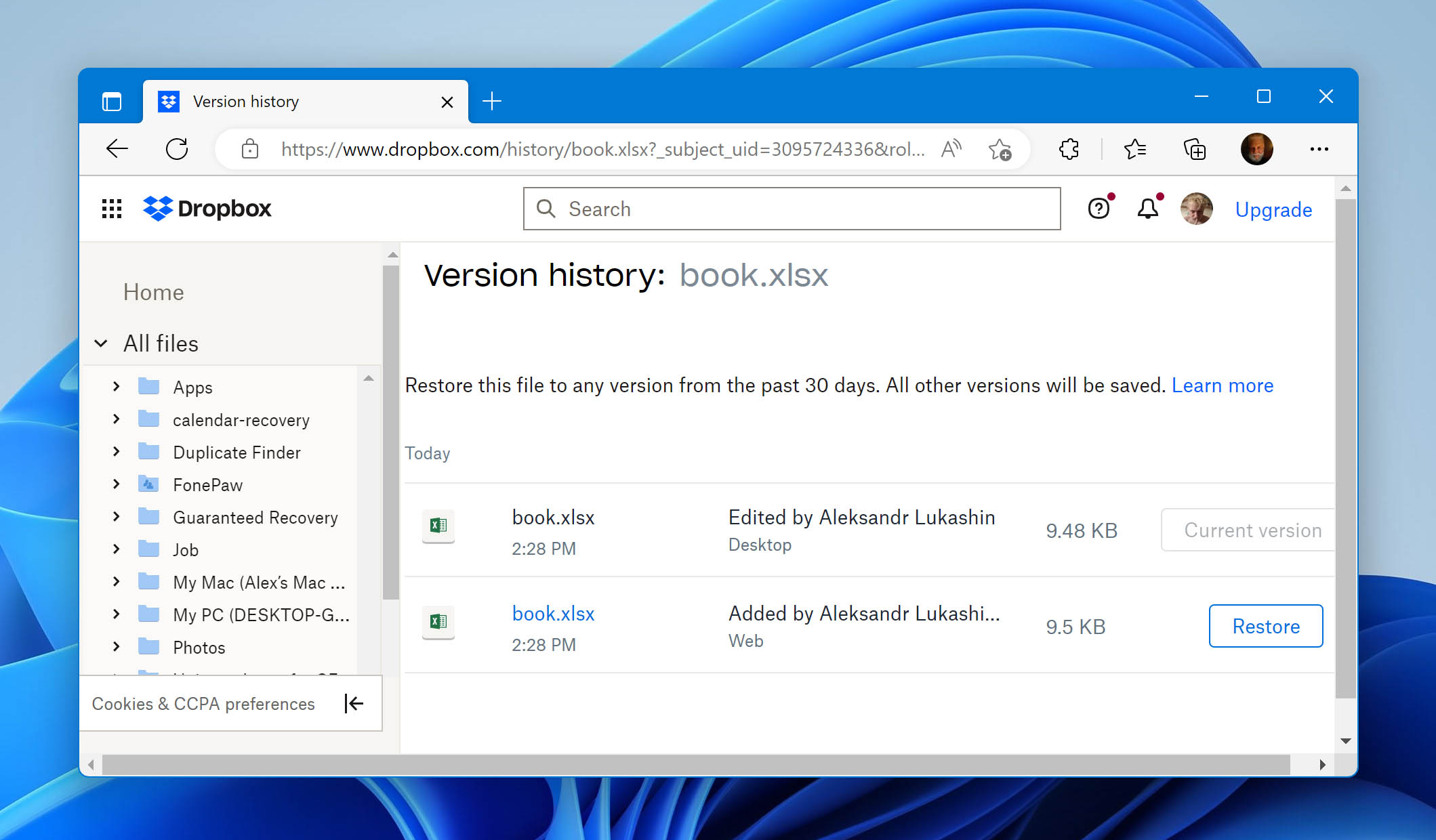 restore files dropbox