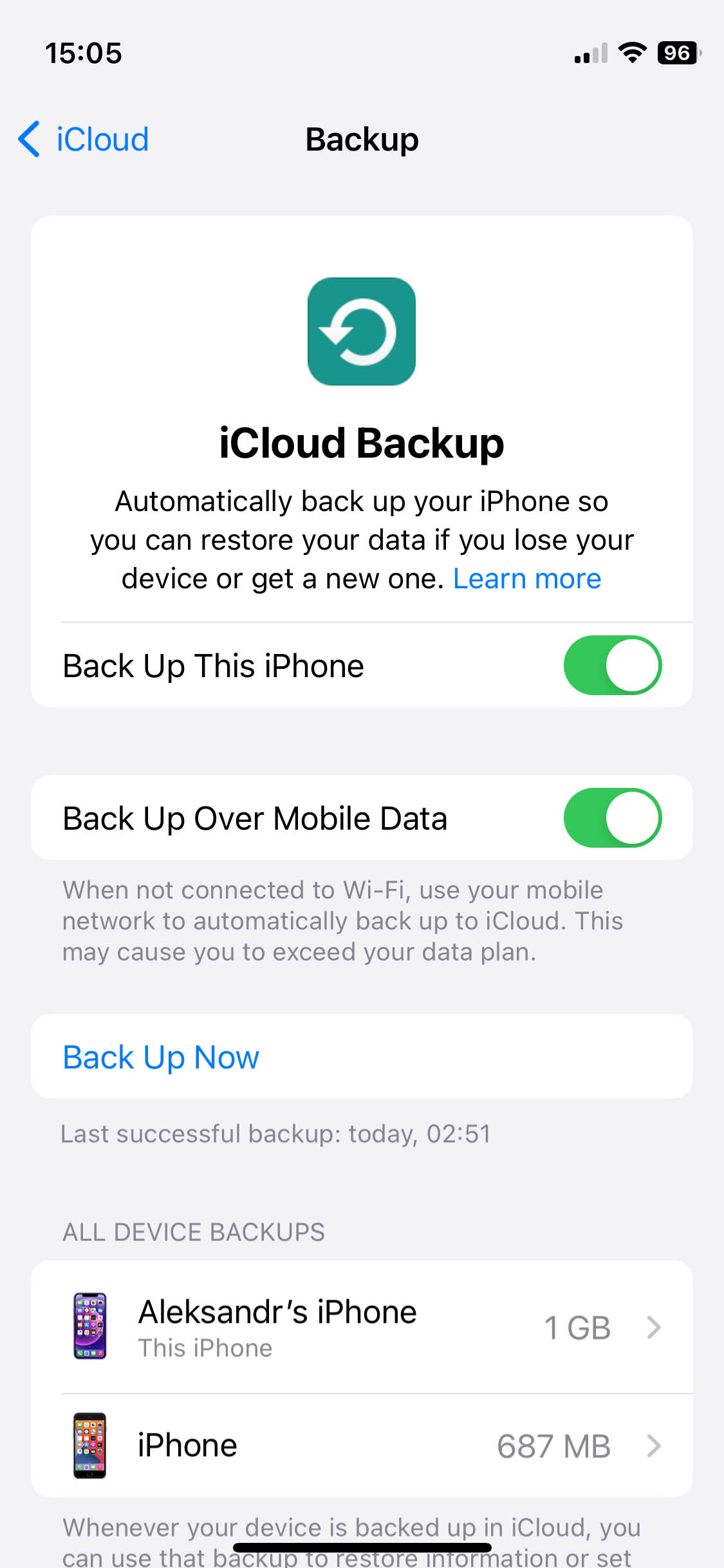 iCloud backups settings