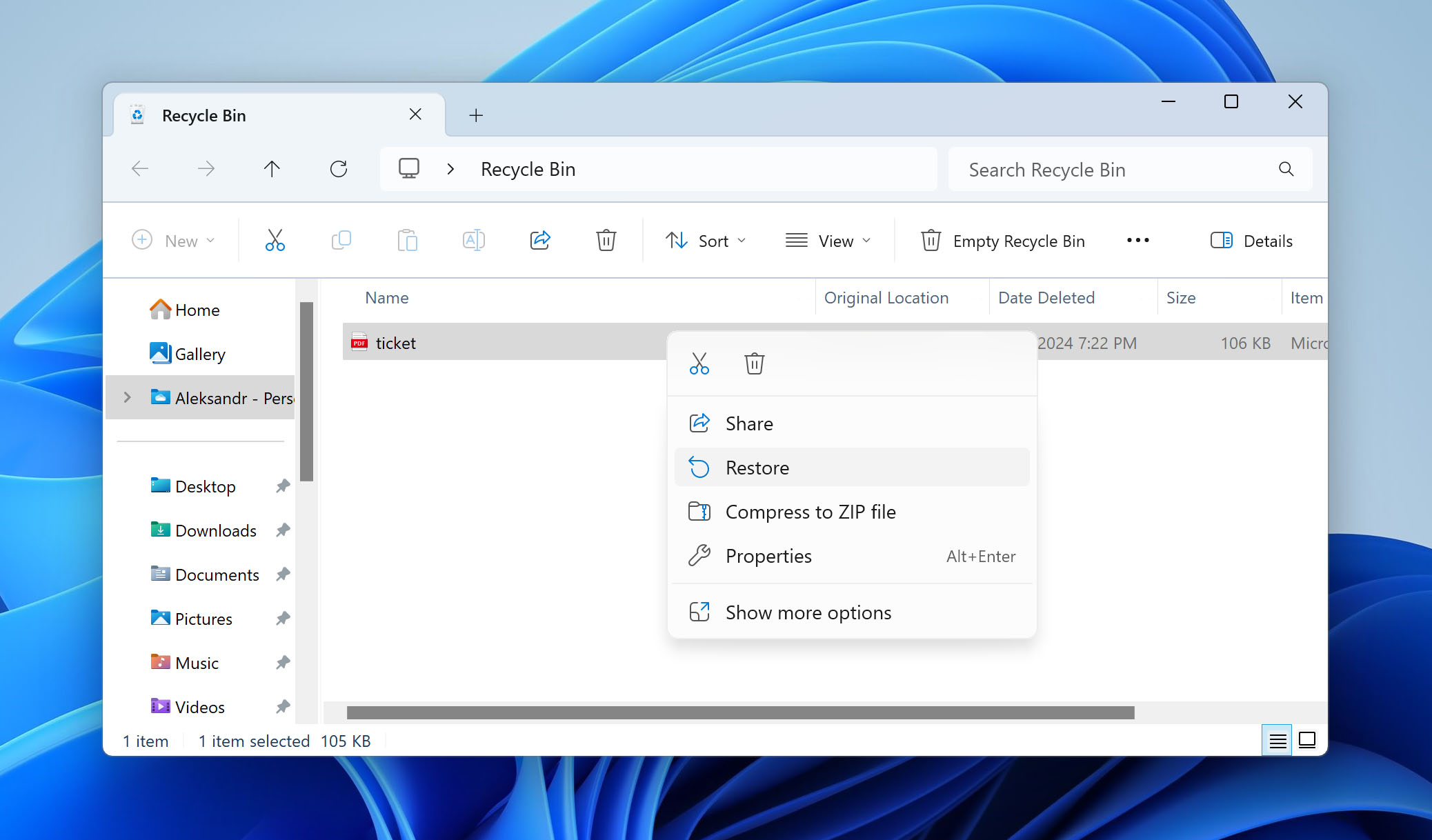 Restore PDF files from Recycle Bin