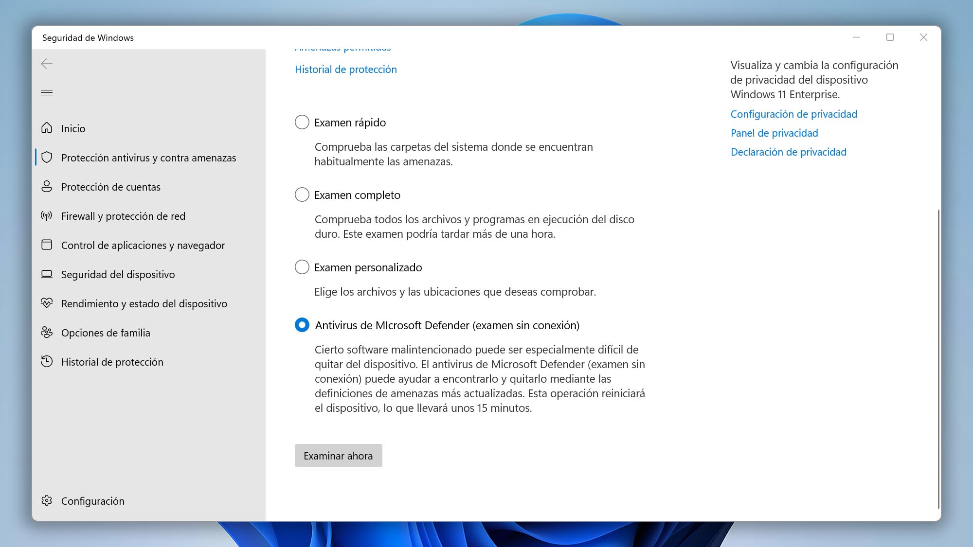 Realizando un escaneo sin conexión con Microsoft Defender.