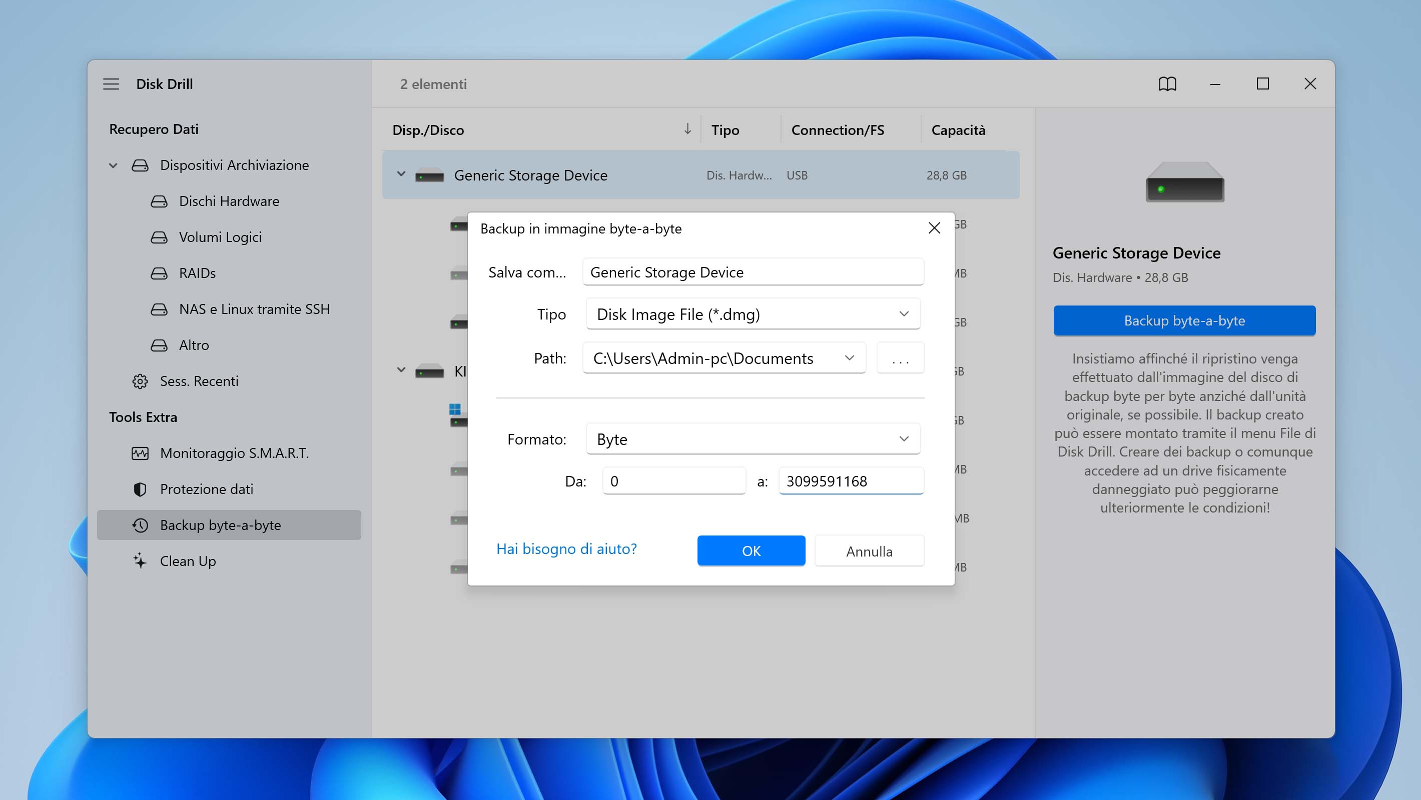 percorso dell'immagine di backup di disk drill evidenziato