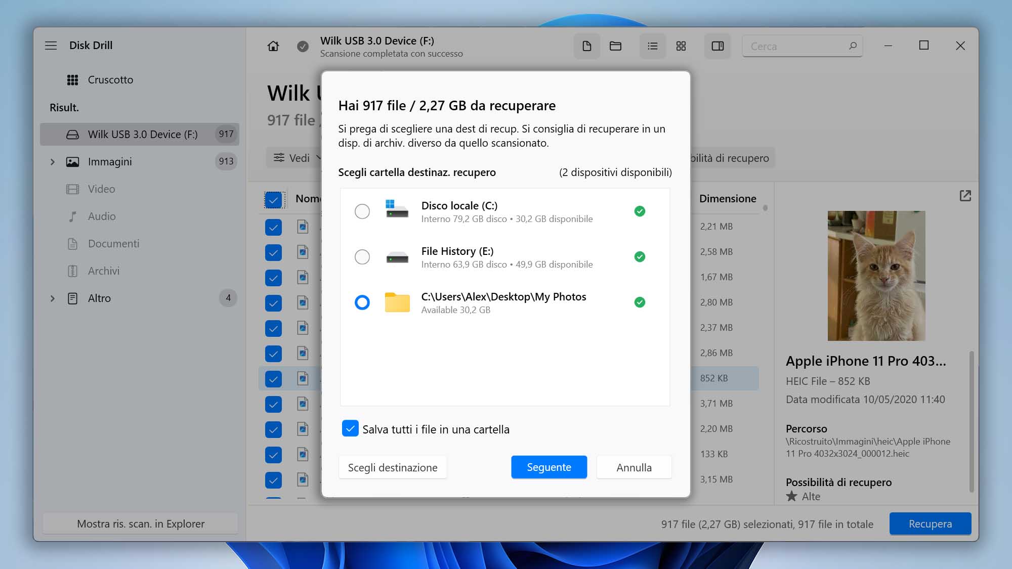 Selezione della destinazione di ripristino dell'unità flash USB formattata da Disk Drill