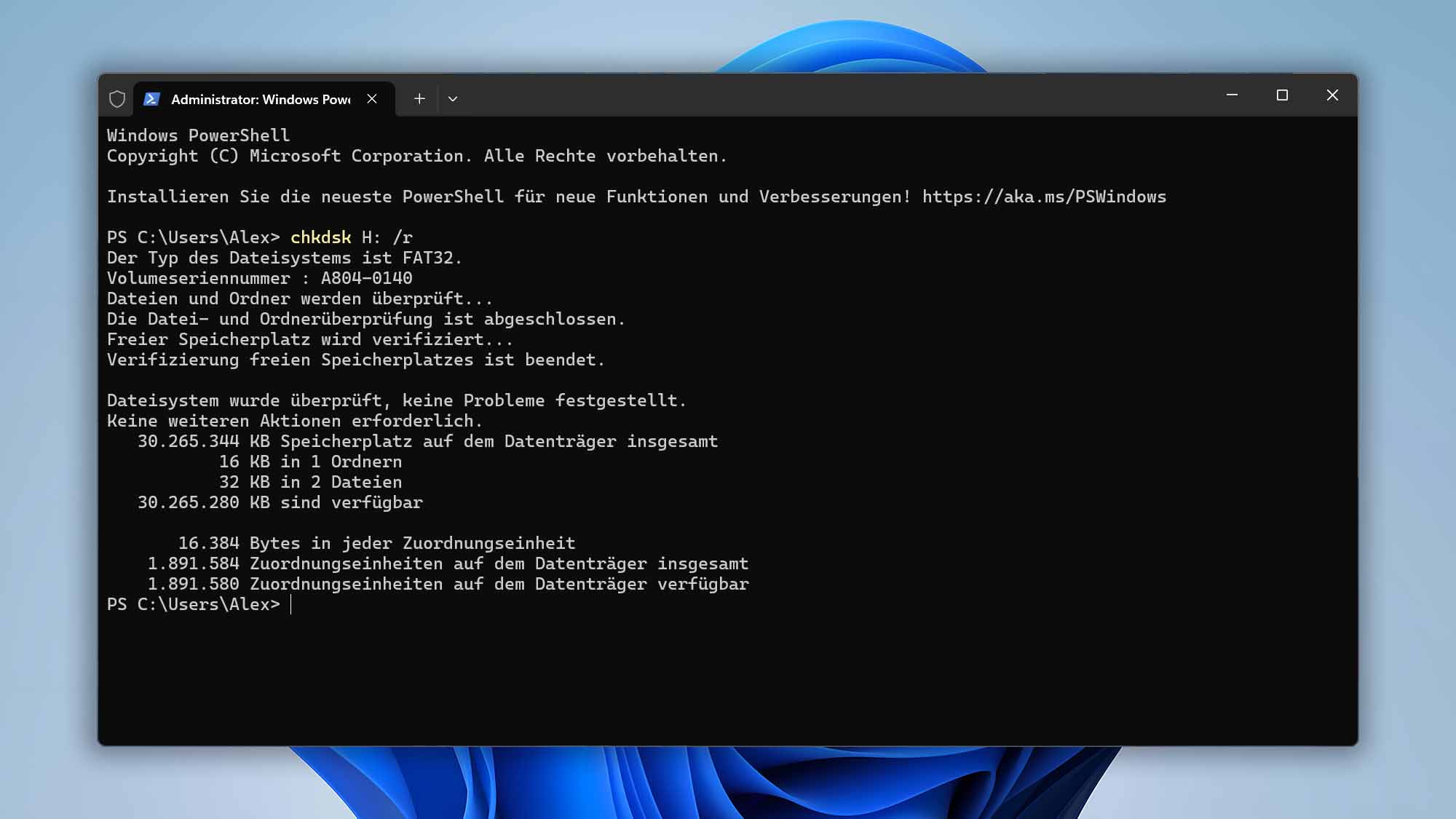 Ausführen des CHKDSK-Befehls