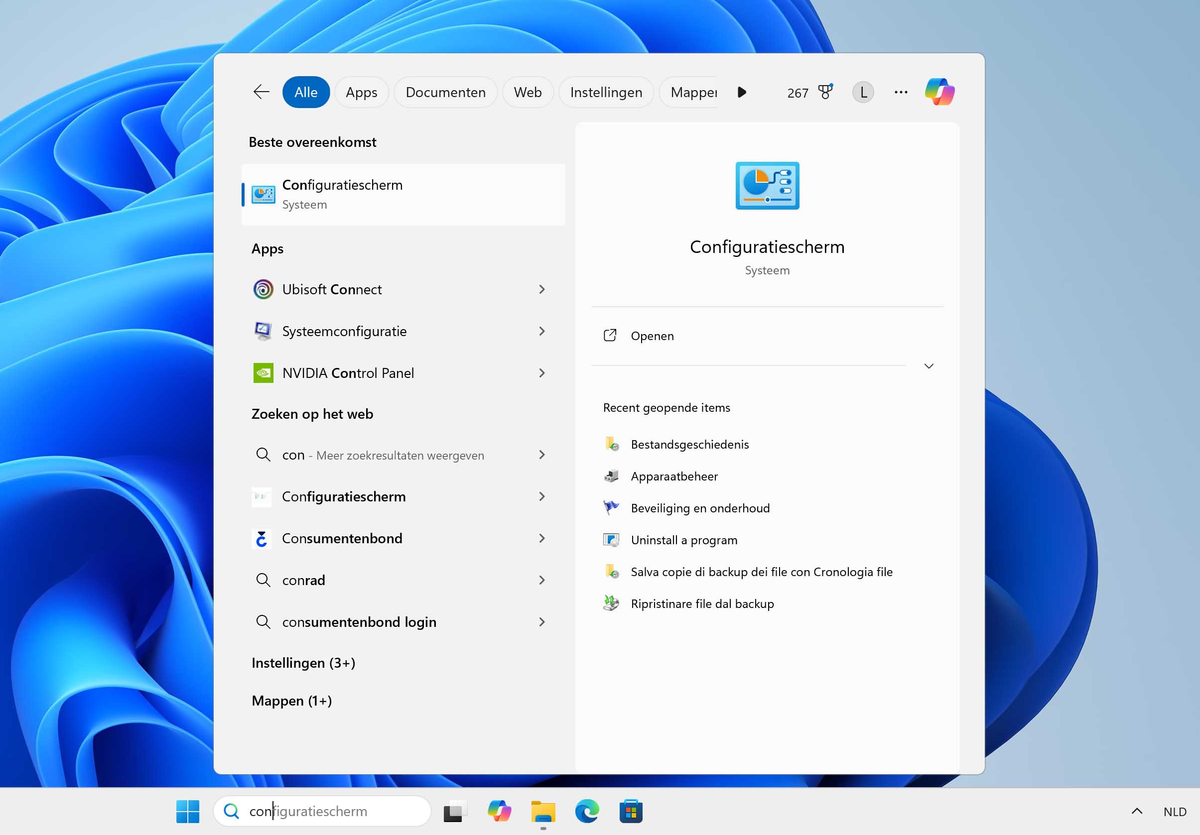 Open het Configuratiescherm met behulp van de Windows-zoekfunctie