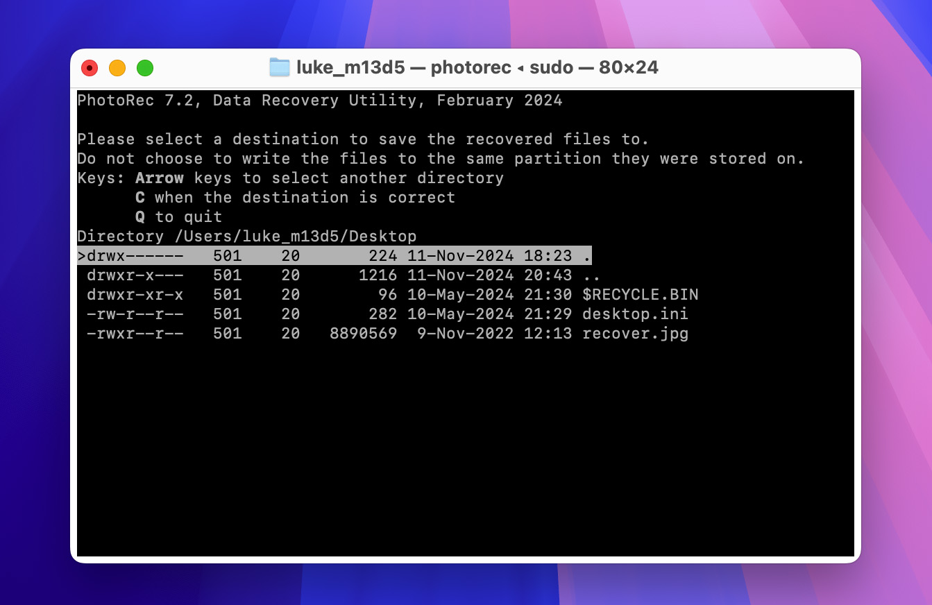 Mac Terminal PhotoRec Bestemming