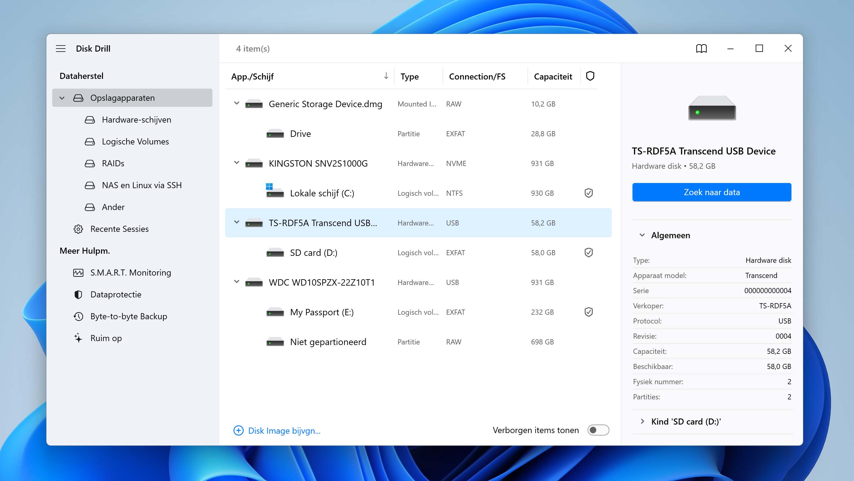 Selecteer geformatteerde sd-kaart en start scan in Disk Drill