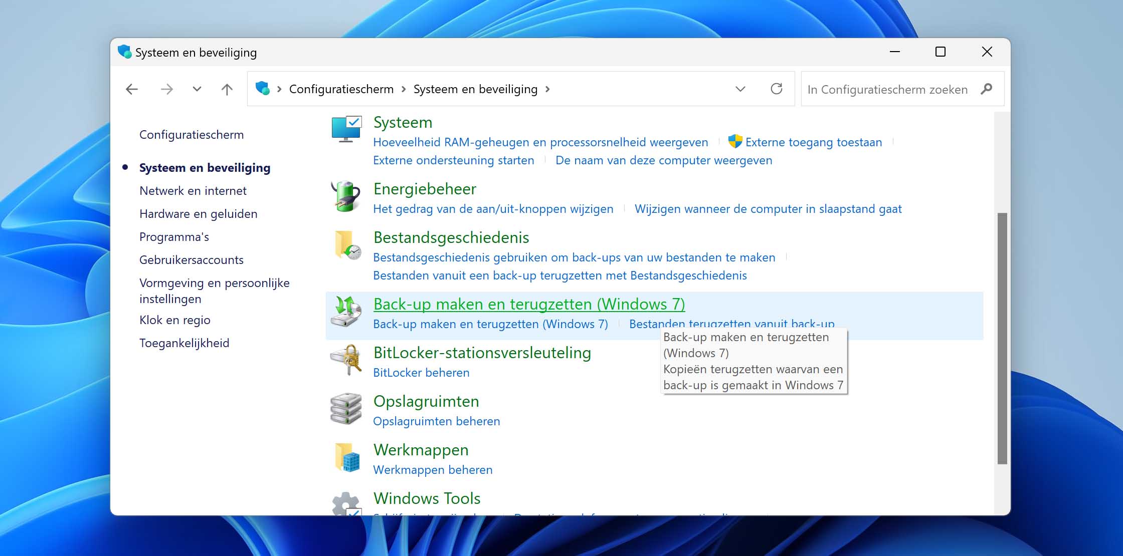 open in het Configuratiescherm Back-up maken en terugzetten (Windows 7)