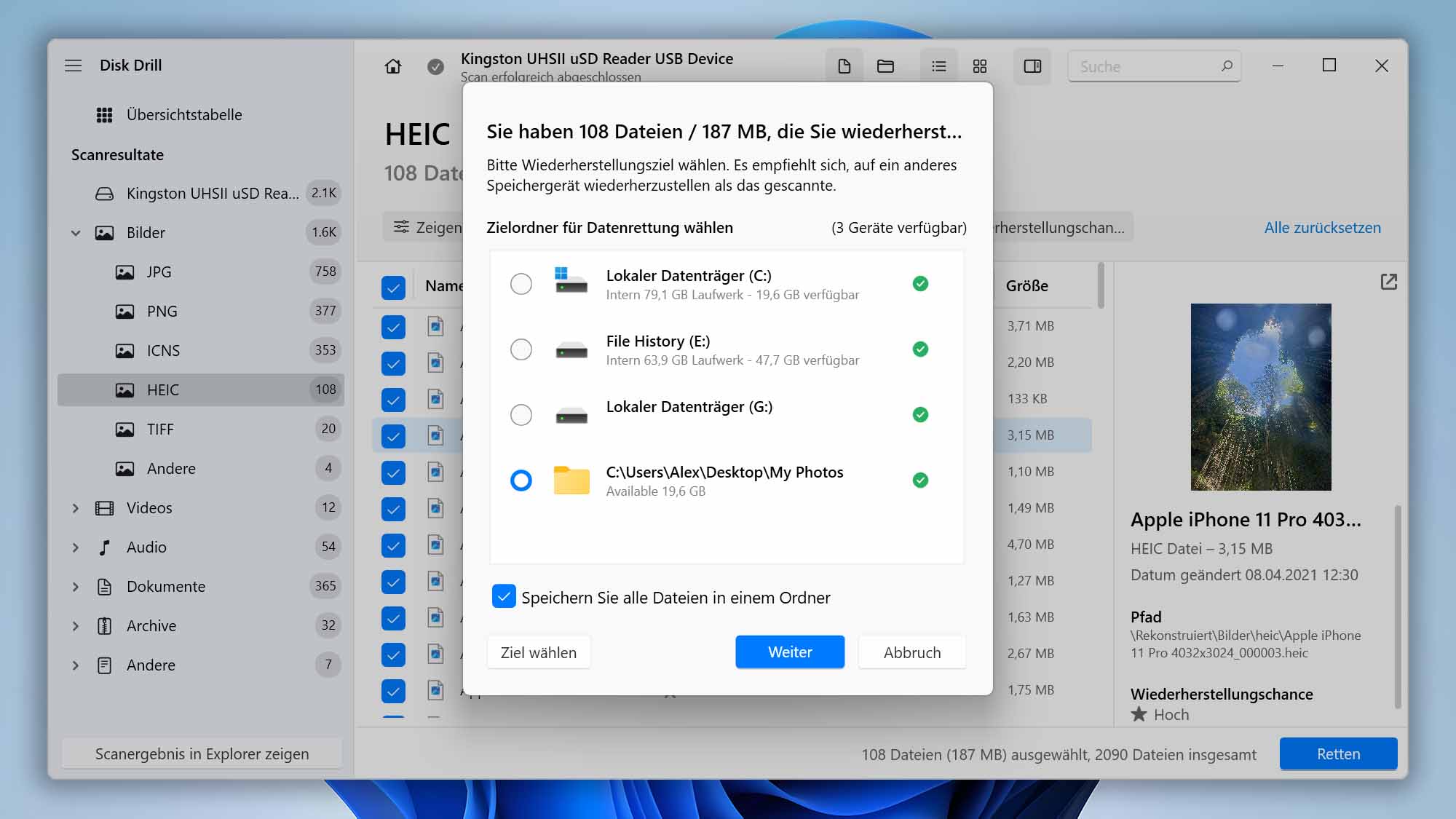 disk drill formatiert usb stick wiederherstellung zielauswahl