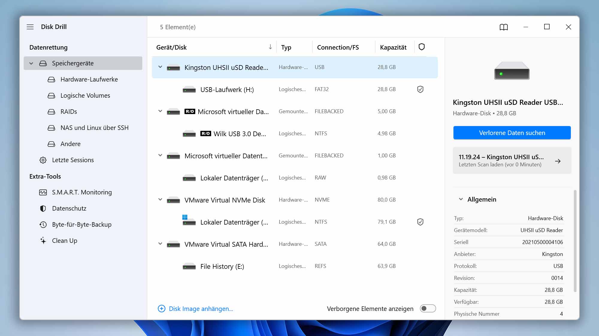 disk drill suche nach verlorenen daten formatierter usb stick ausgewählt