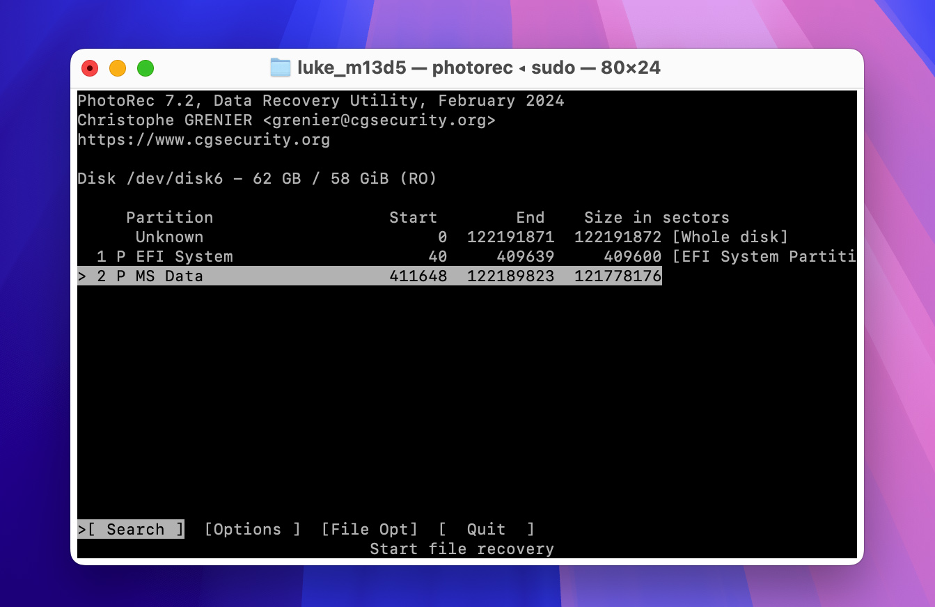 Mac Terminal PhotoRec Selecteer Partitie