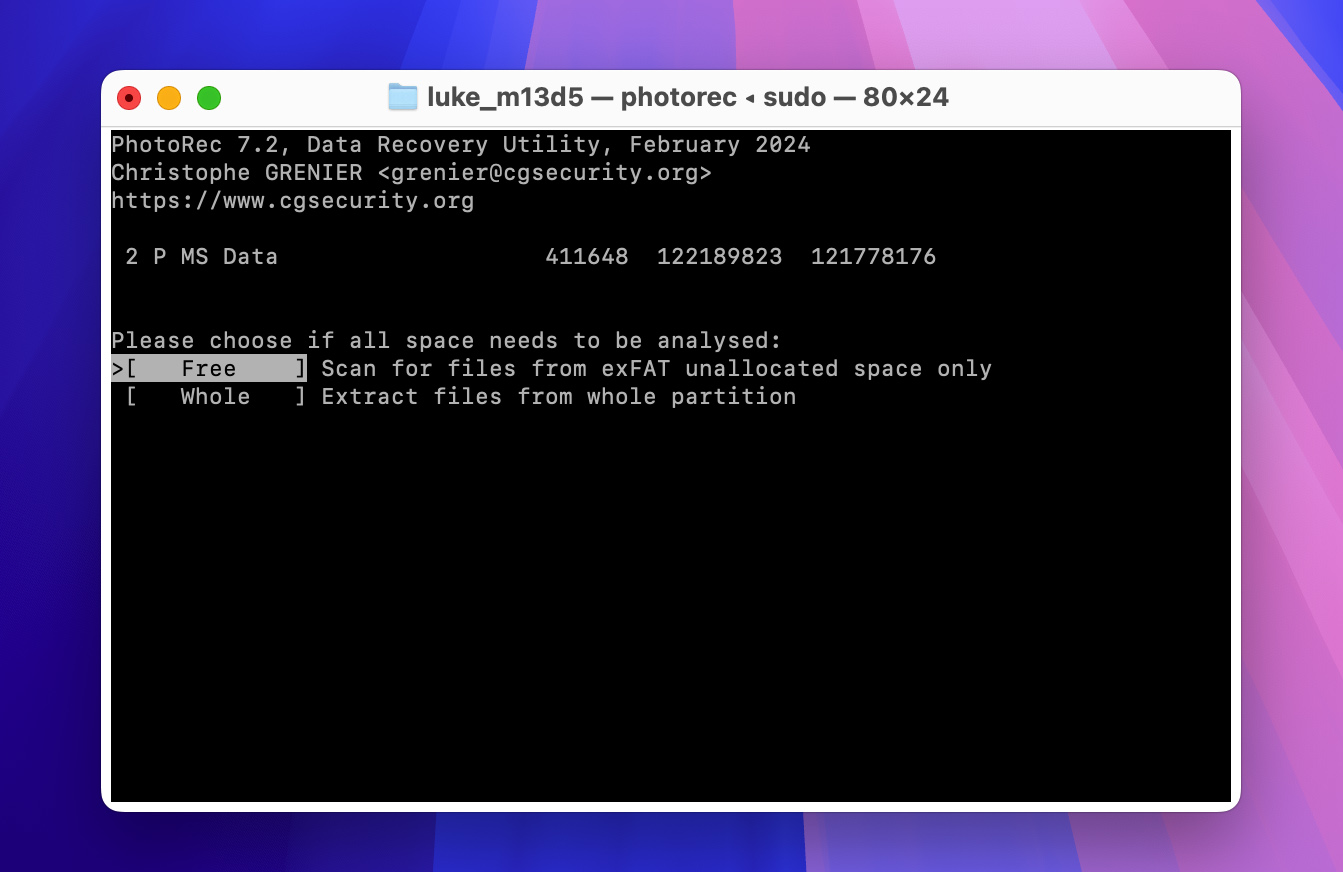 Mac Terminal PhotoRec Scan Type