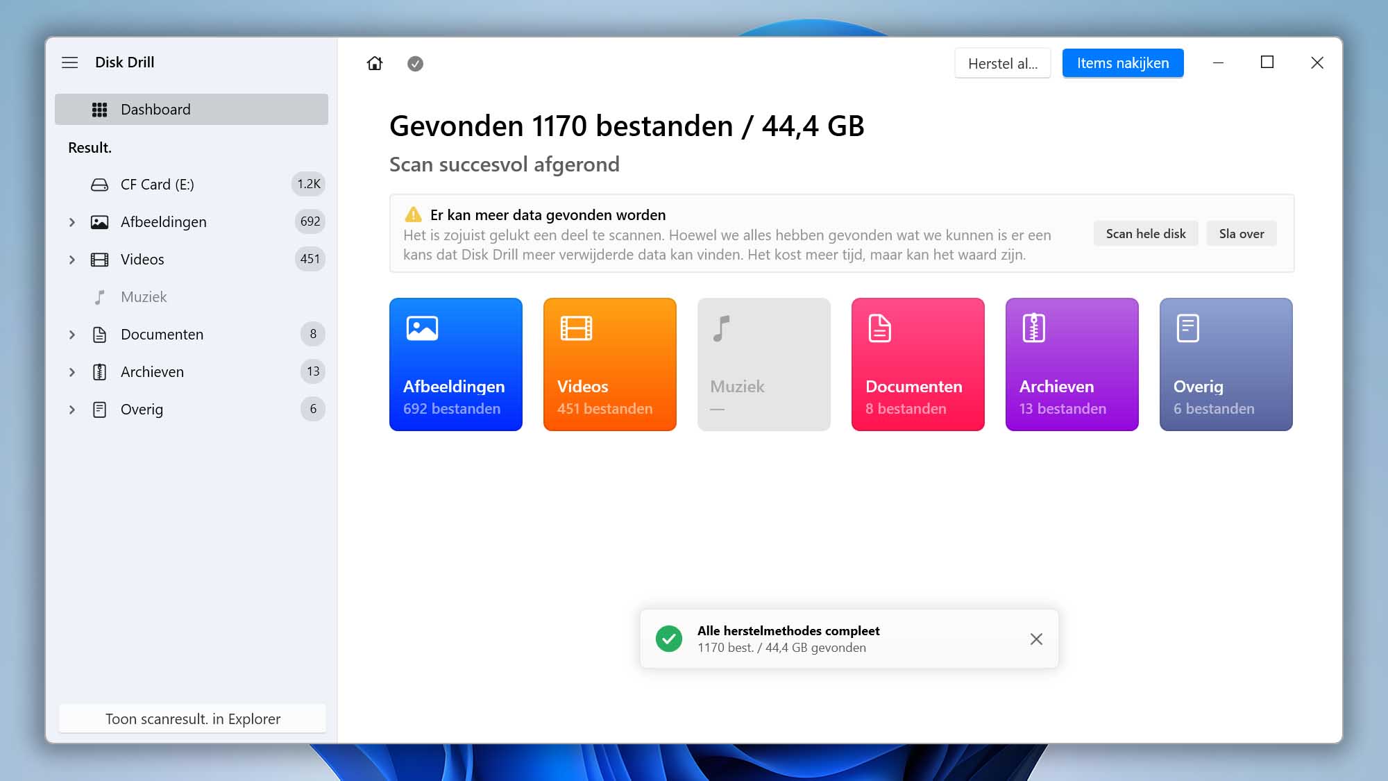 Selecteer Gevonden items bekijken om te zien wat Disk Drill heeft hersteld