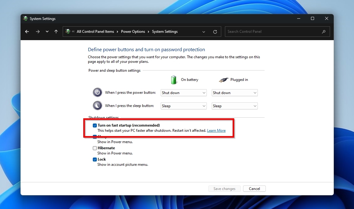 Windows Power Options Turn On Fast Startup