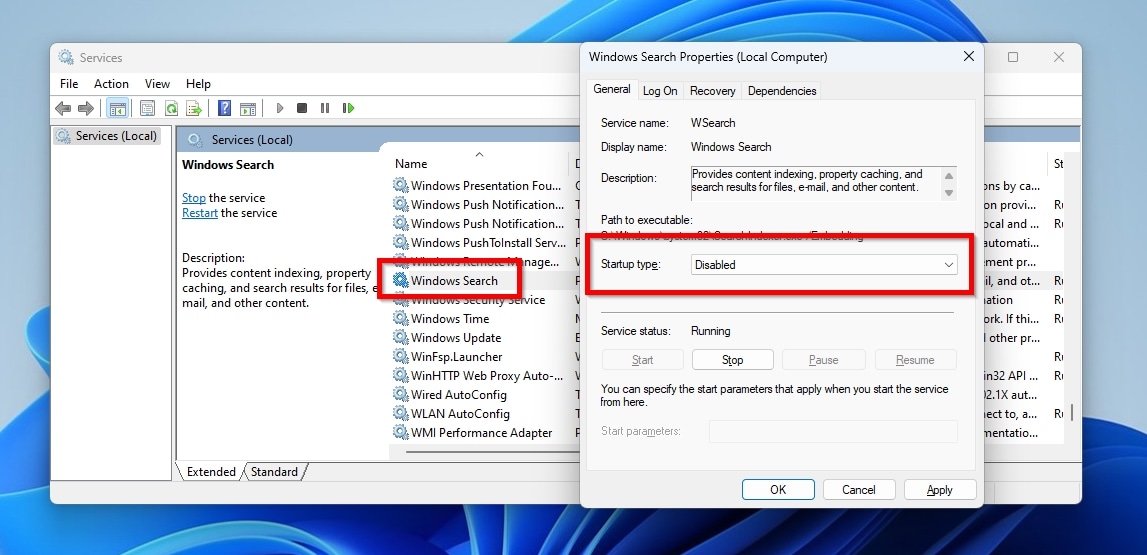 Windows Services Windows Search Change Startup Type to Disabled