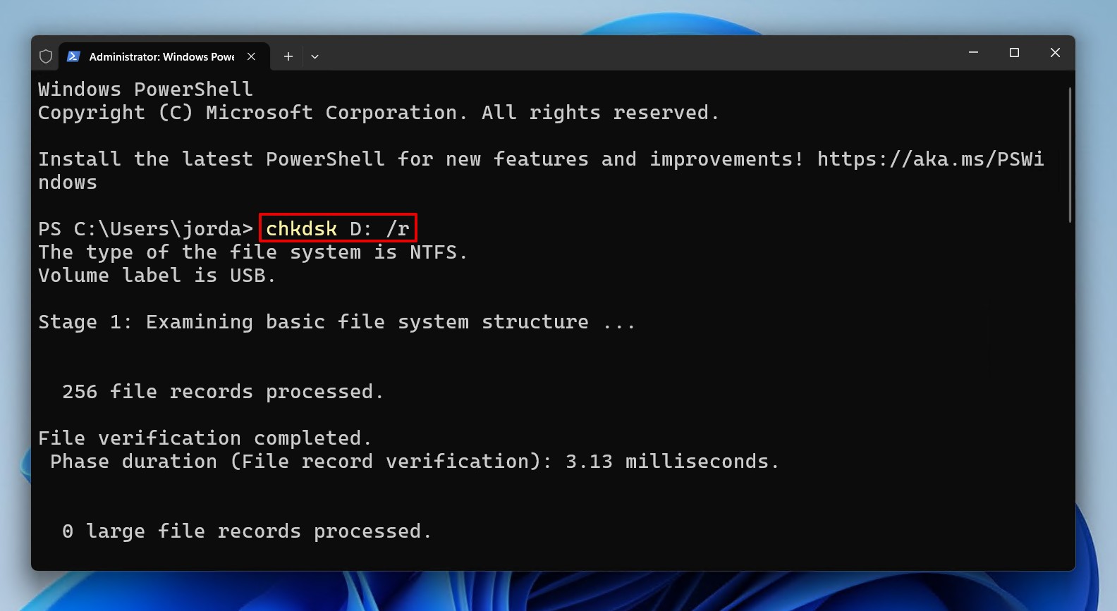 Running the CHKDSK command.