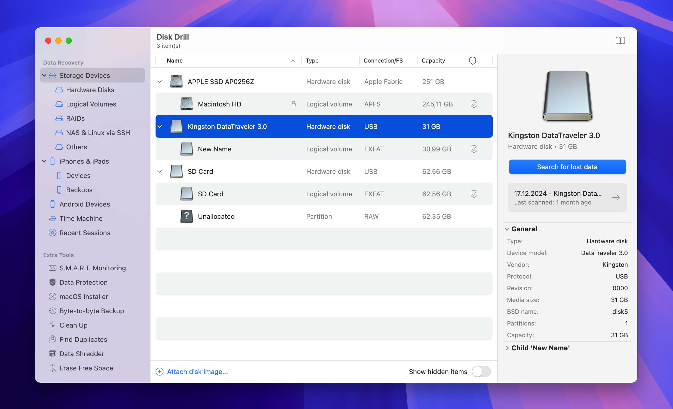 select USB drive in Disk Drill and start scan