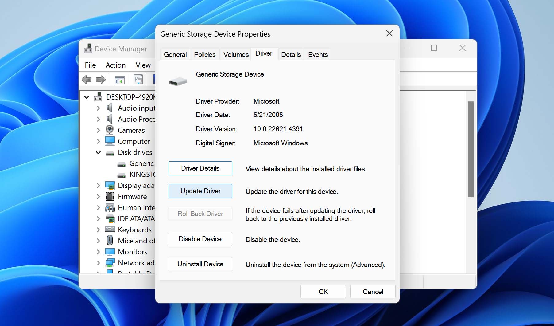 updating the disk driver from disk management