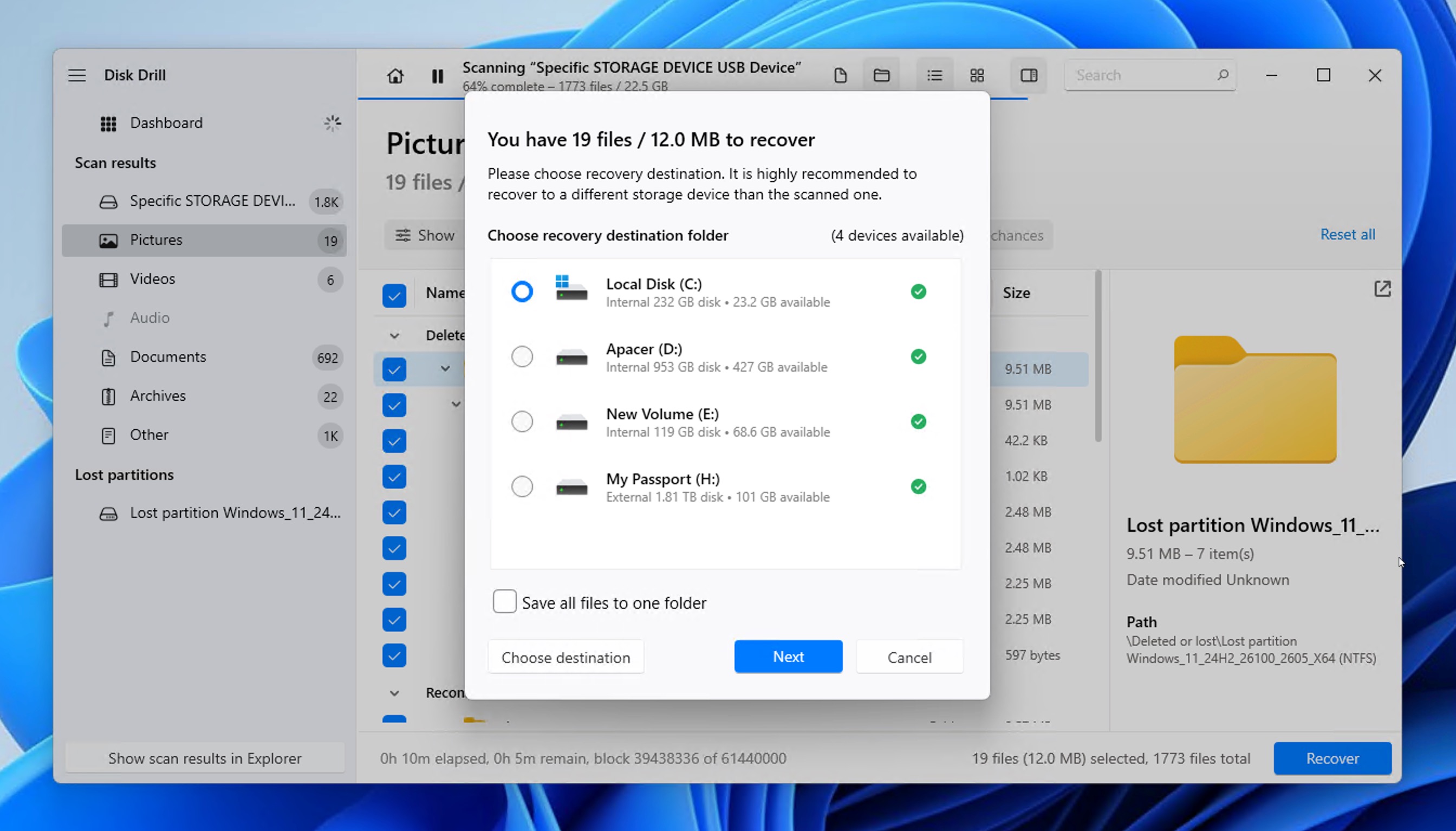 disk drill destination select windows