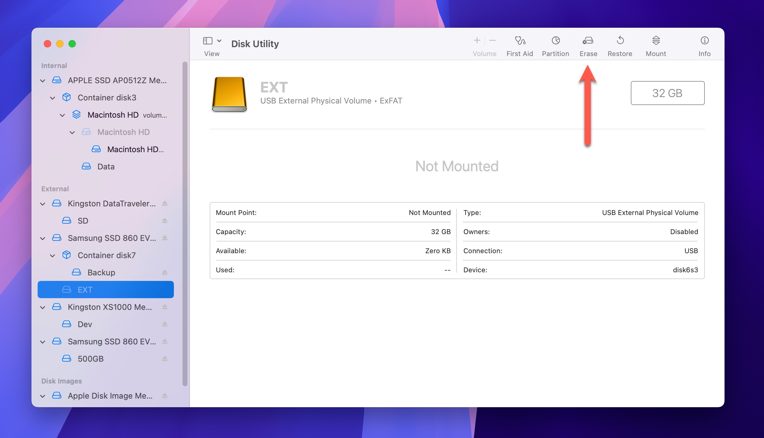 disk utility erase button