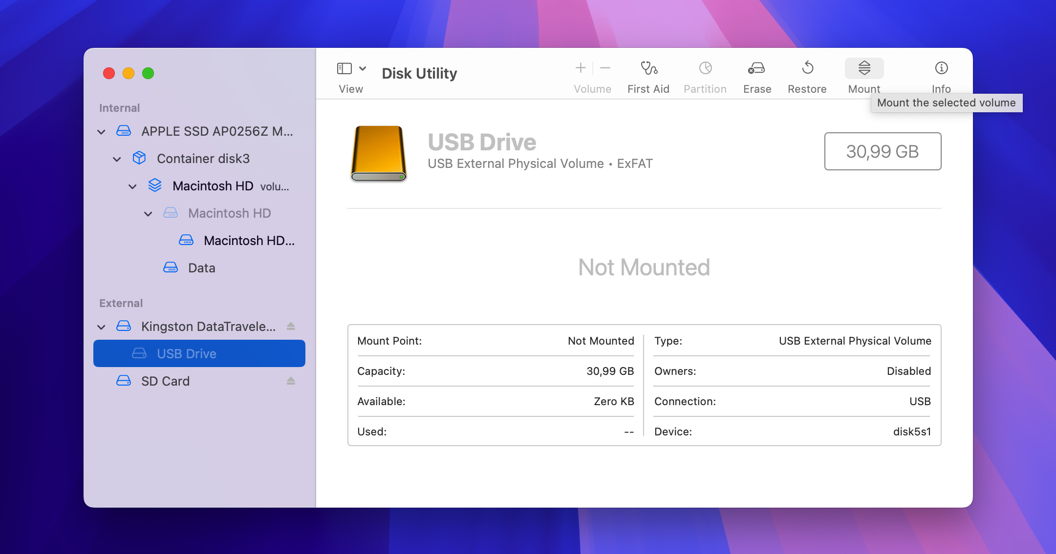 mount USB drive partition in Disk Utility