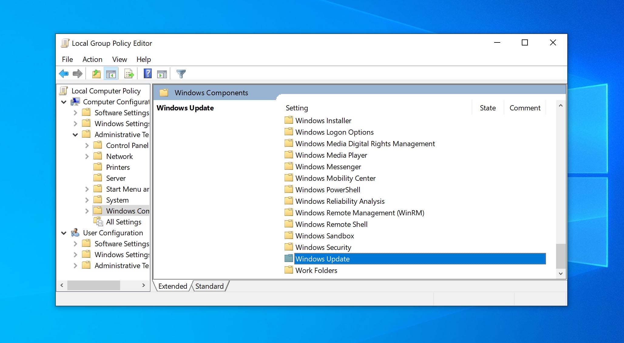 search windows update in group polices