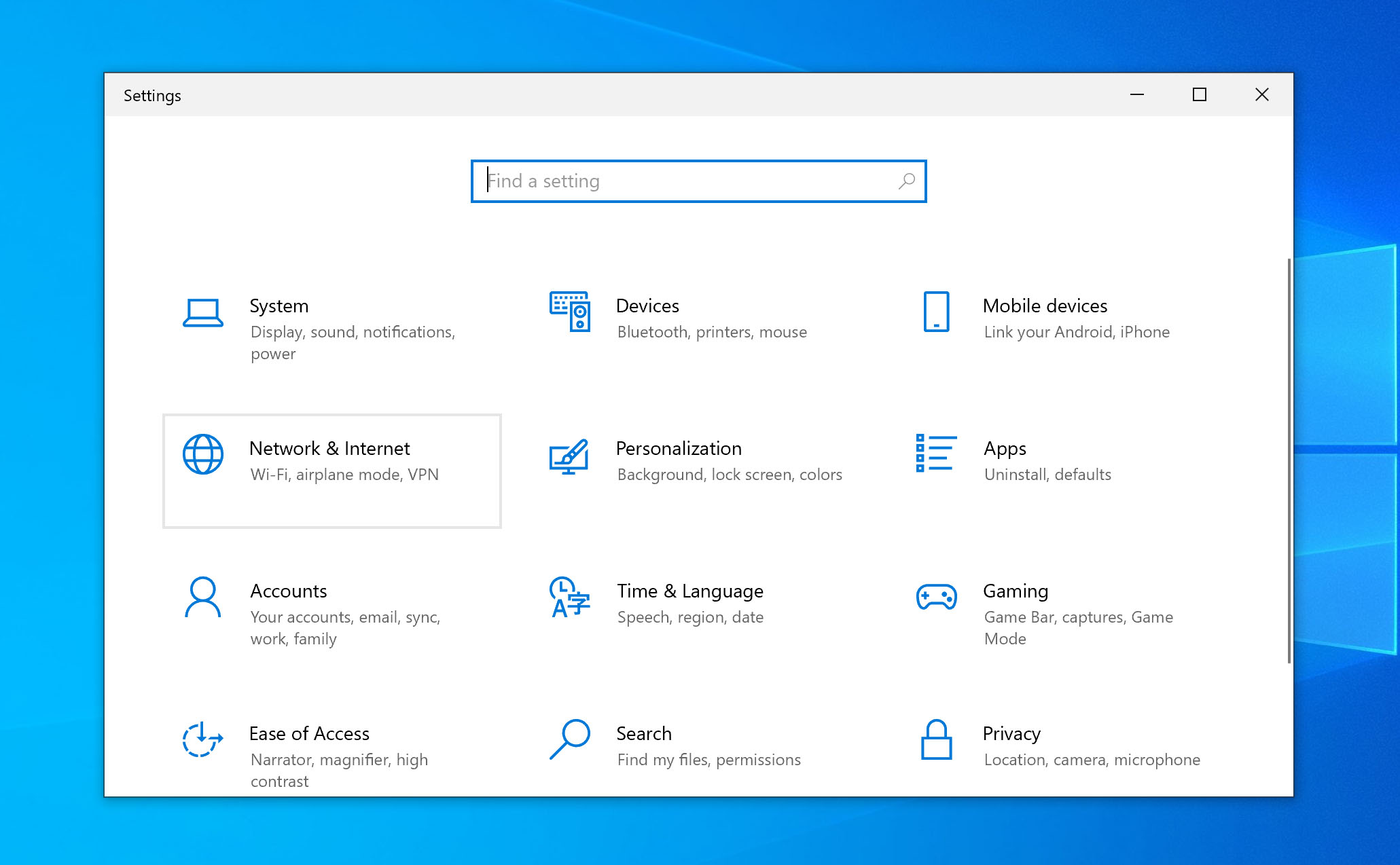 open network settings on windows 10