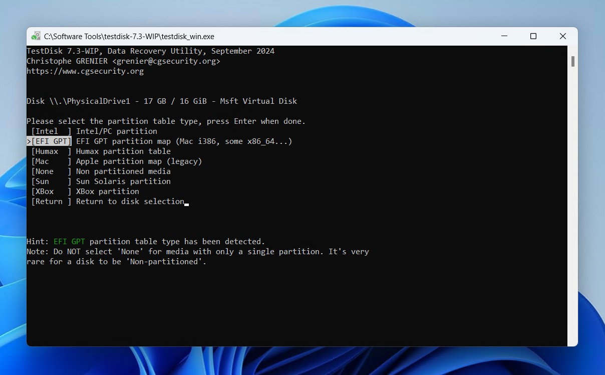 Choosing a partition table type.