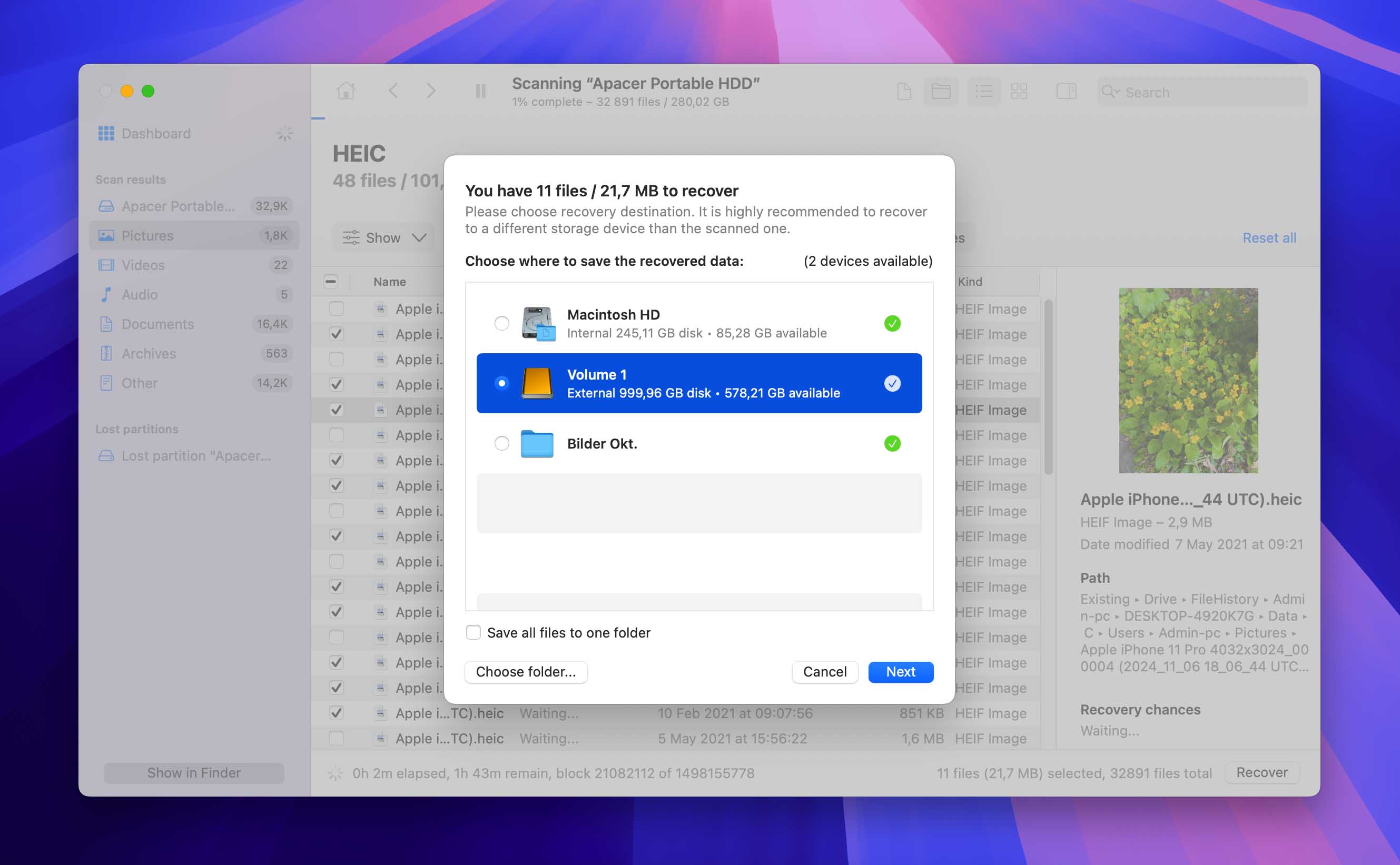 choose recovery location for files in disk drill