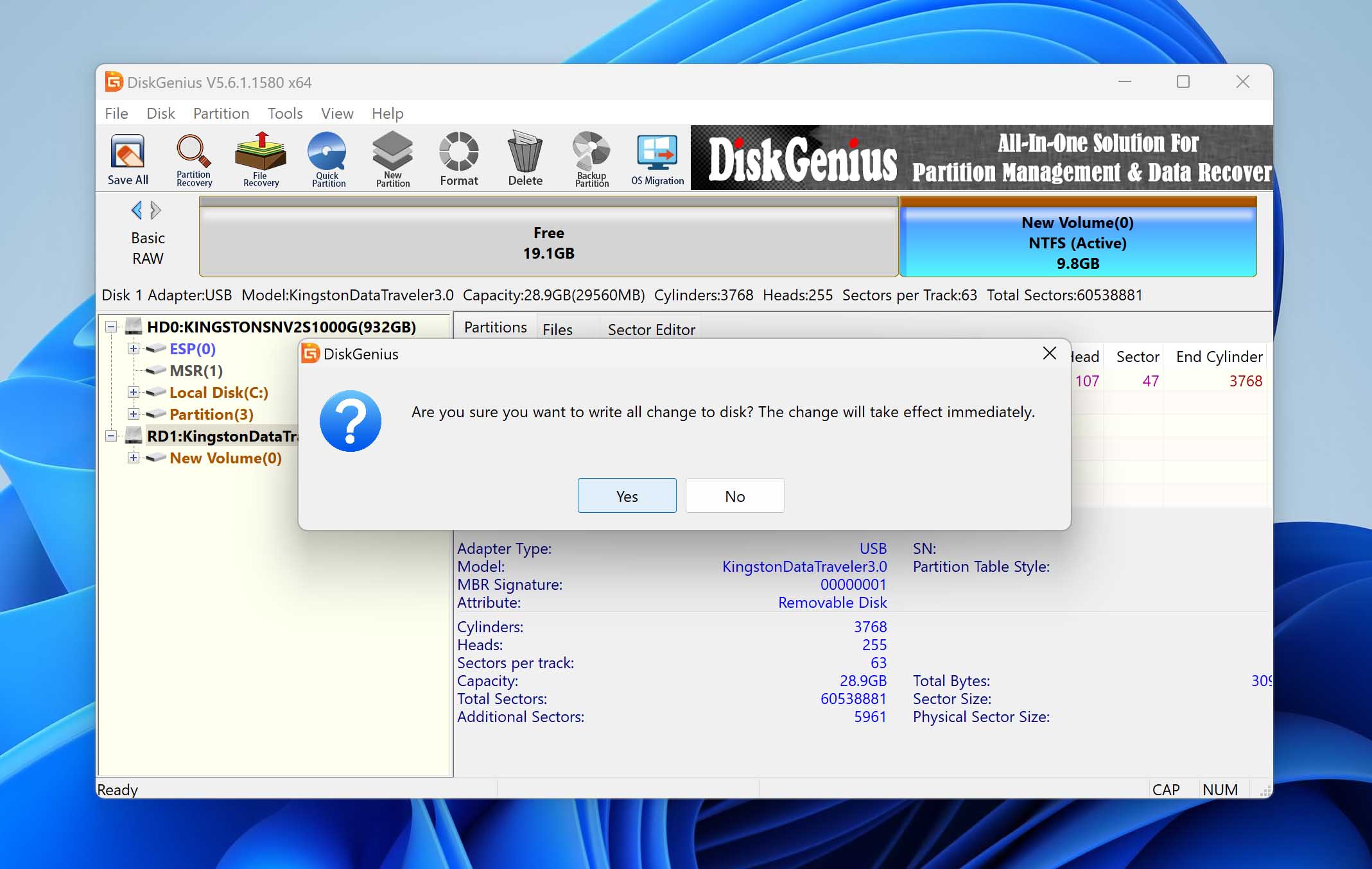 save changes on disk with DiskGenius