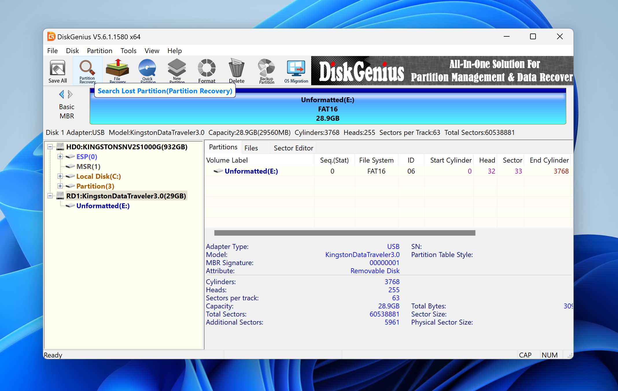 Run partition recovery in DiskGenius