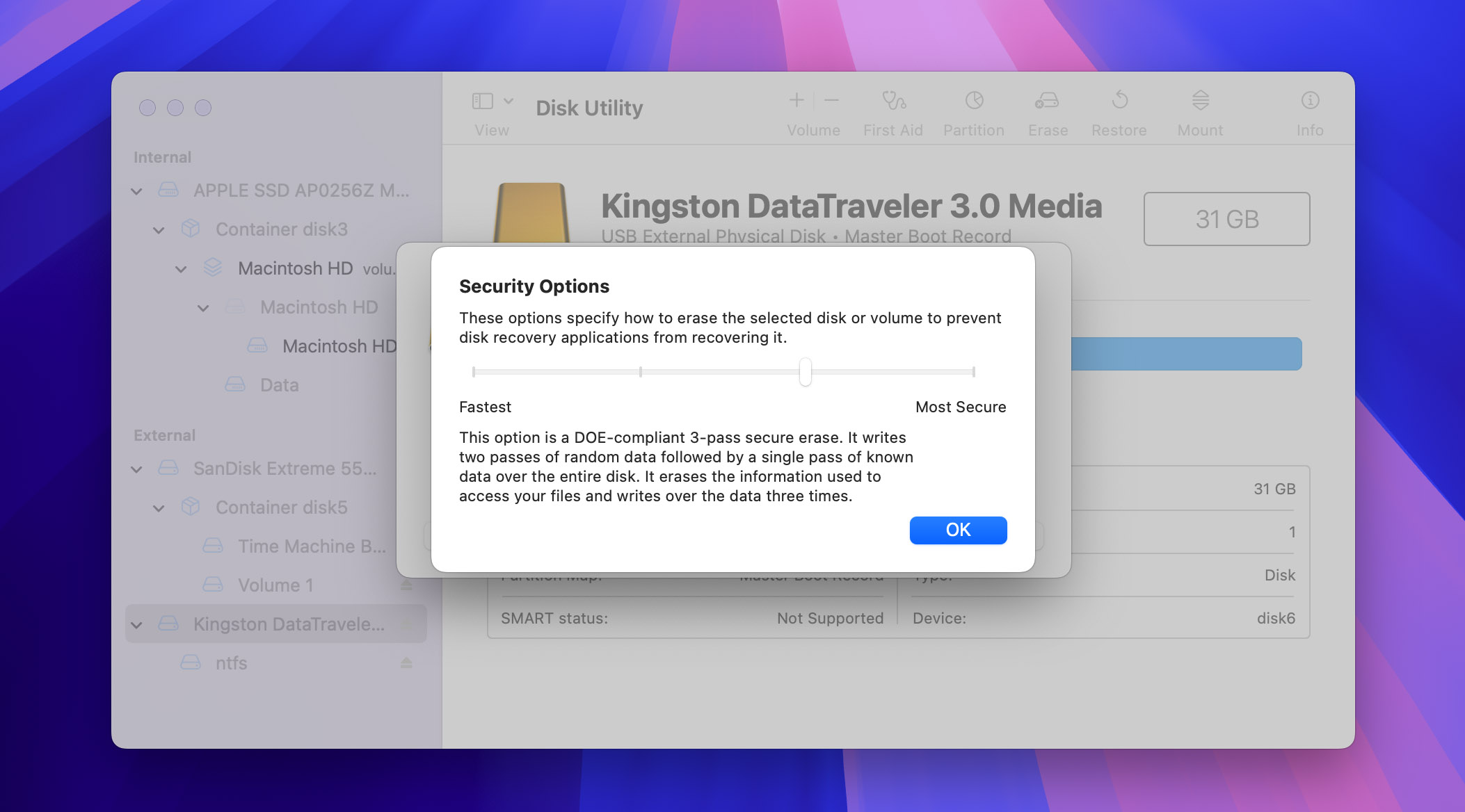 disk utility security options