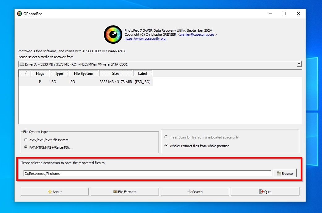 PhotoRec Choosing Destination