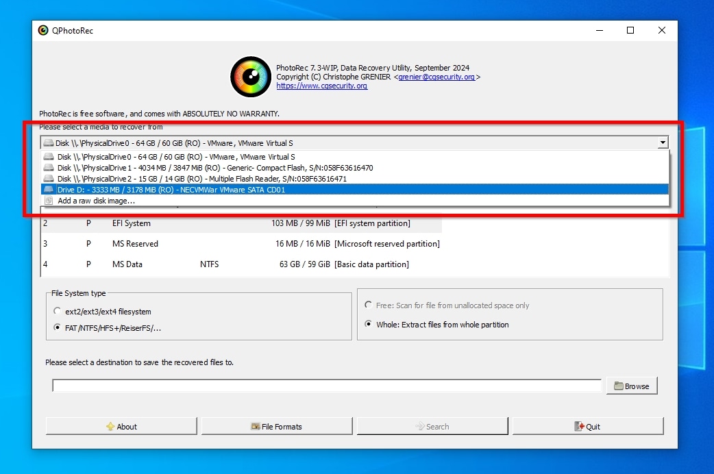 PhotoRec Selecting Disk