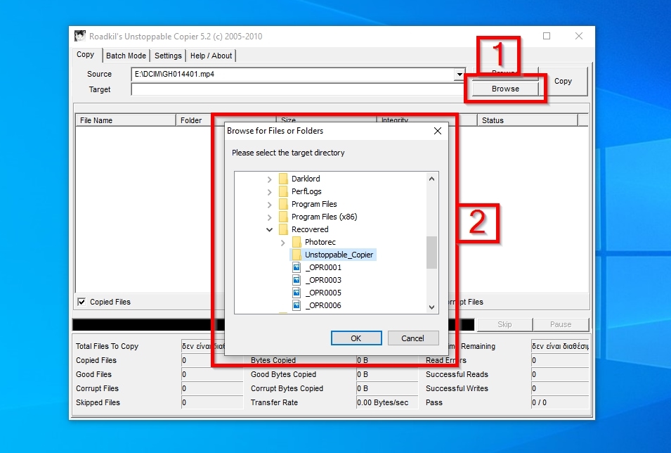 Unstoppable Copier Selecting Destination For Copied GoPro File