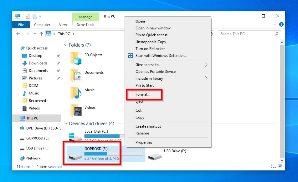 Windows File Explorer Format GoPro SD Card