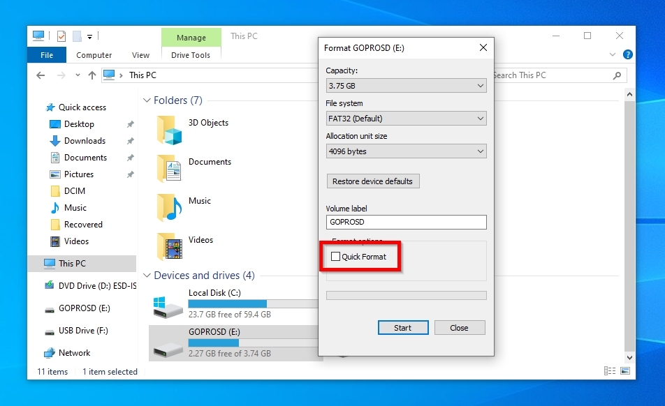 Windows Format Dialogue Disabled Quick Format For GoPro SD Card