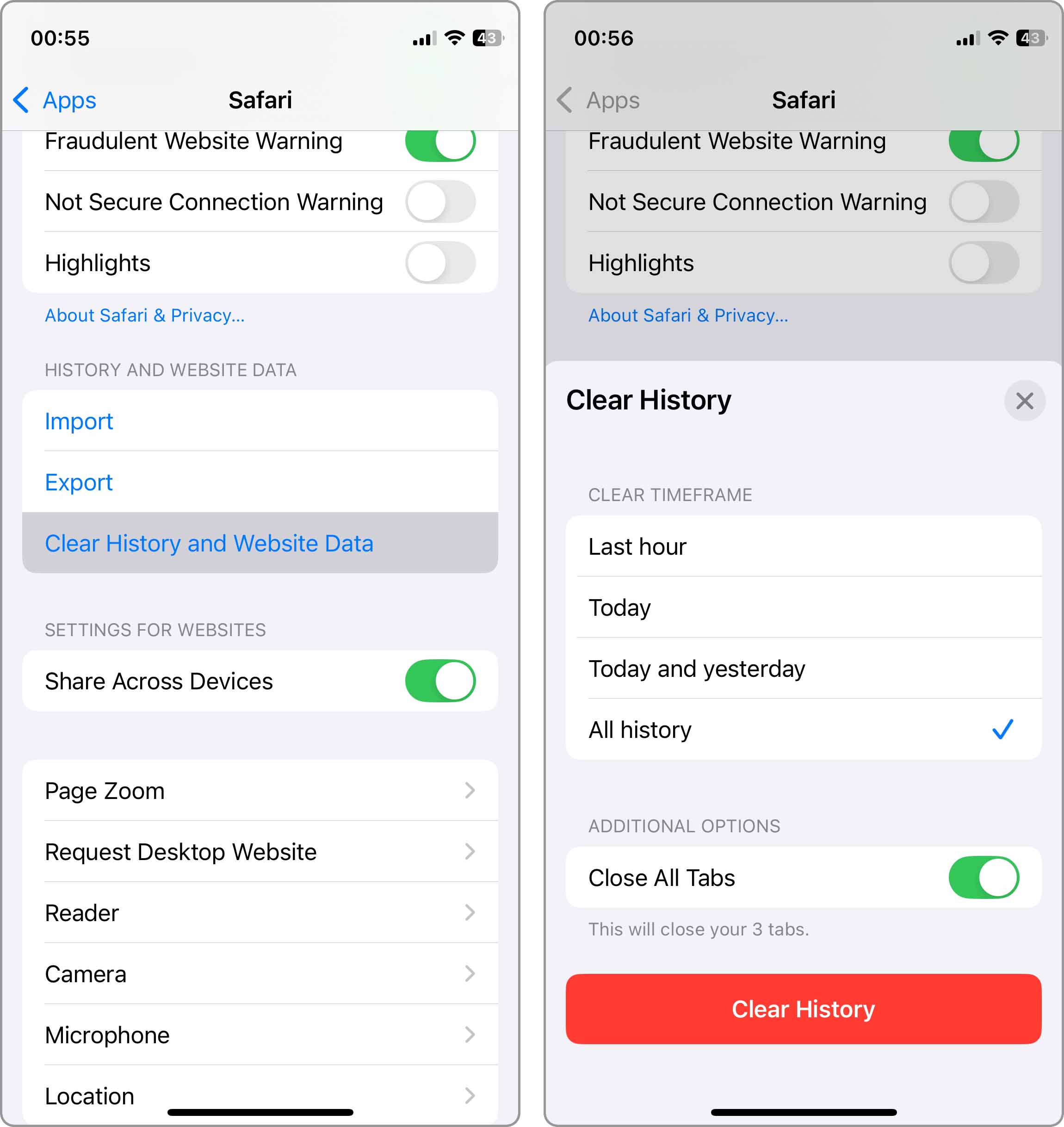 Clear History and Website Data in the Safari settings