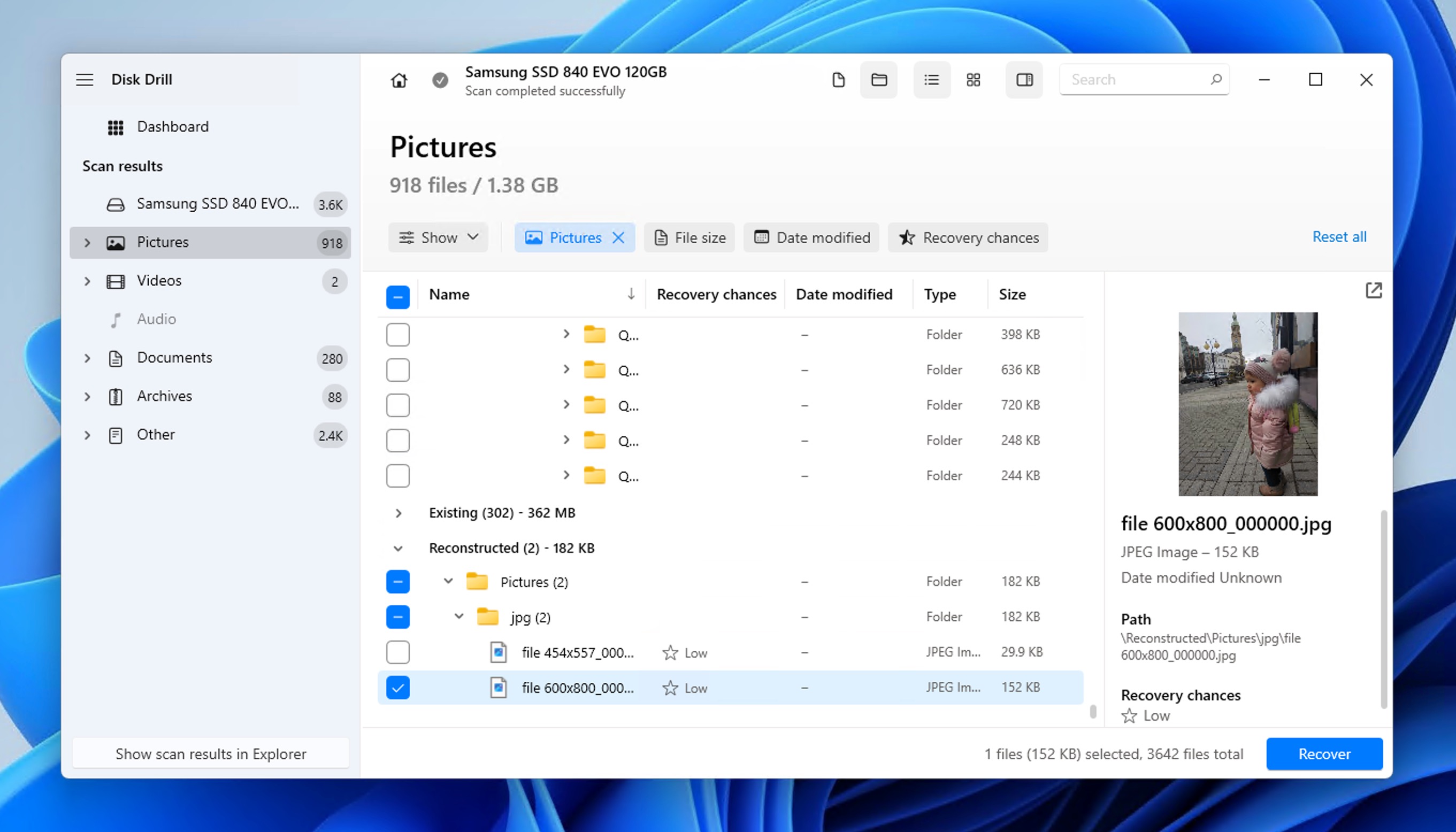 disk drill image selected for recovery