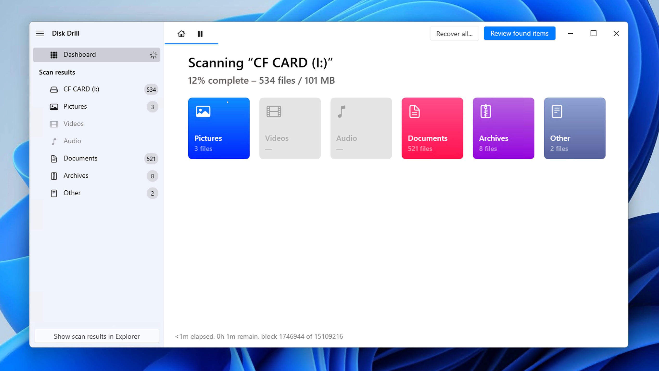 Select Review Found Items to check what Disk Drill found in your CF card