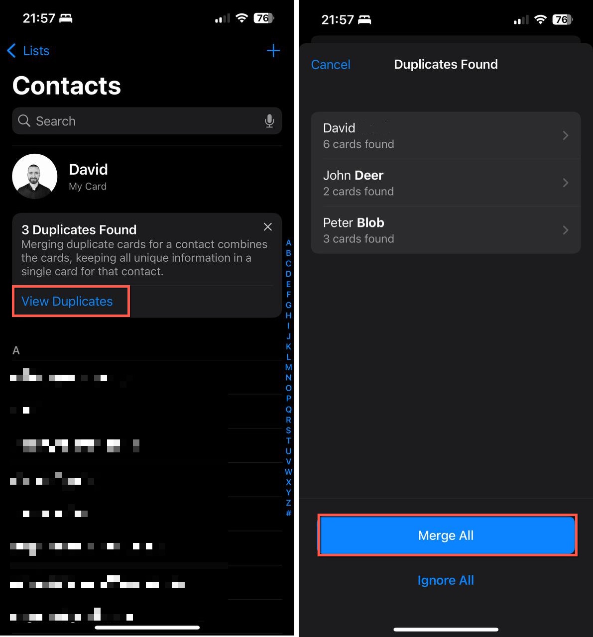 delete duplicate contacts iPhone