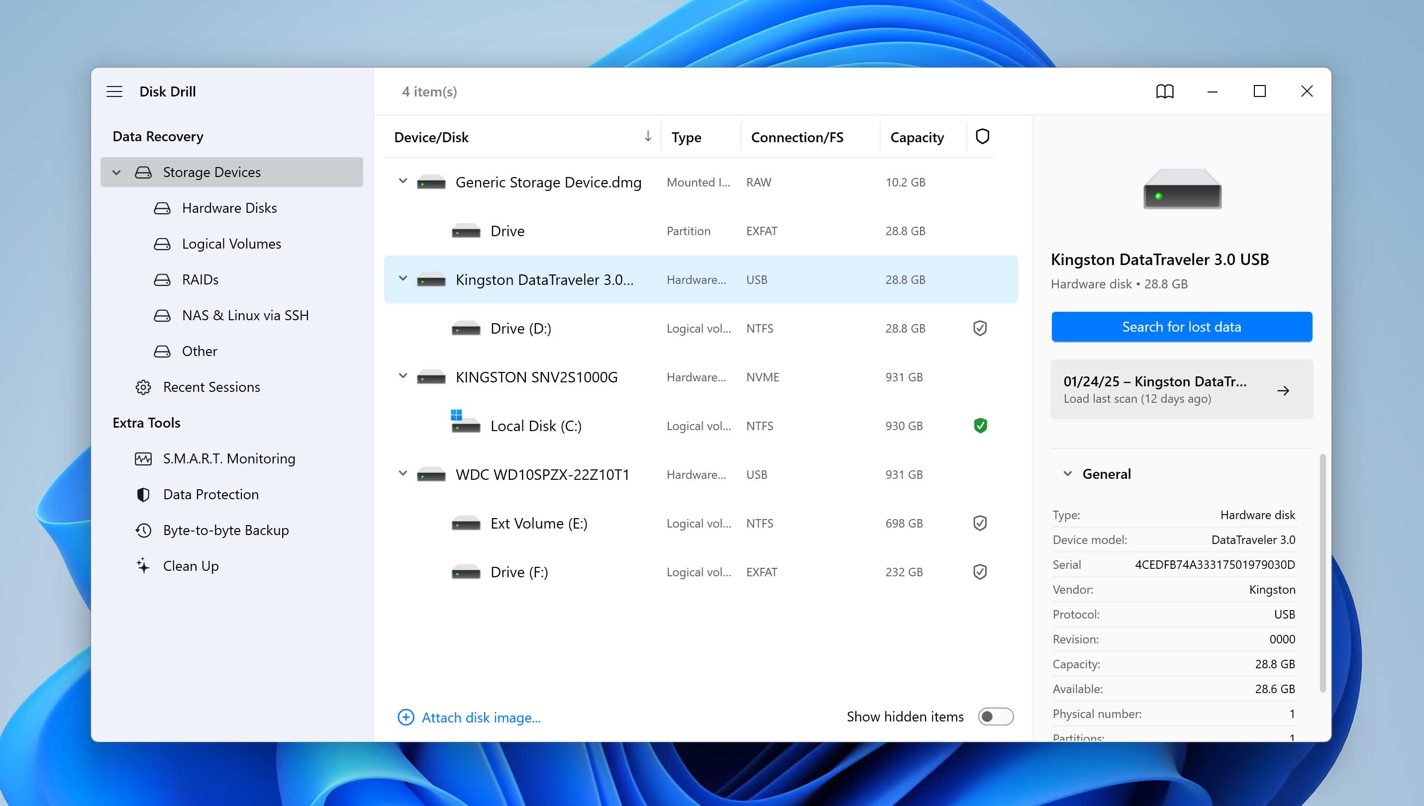 Select USB drive from list and start scan