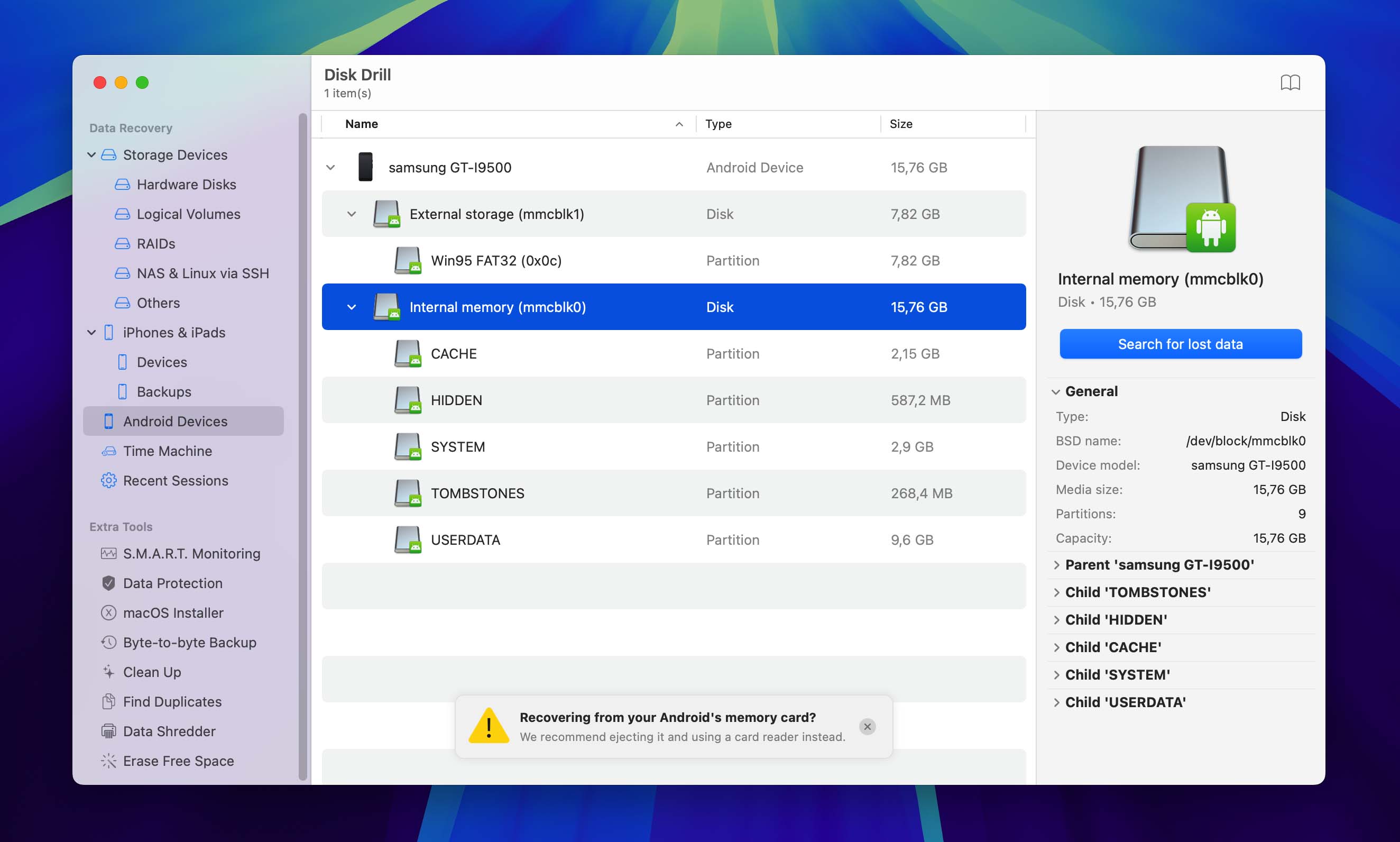 choose android device from list in disk drill