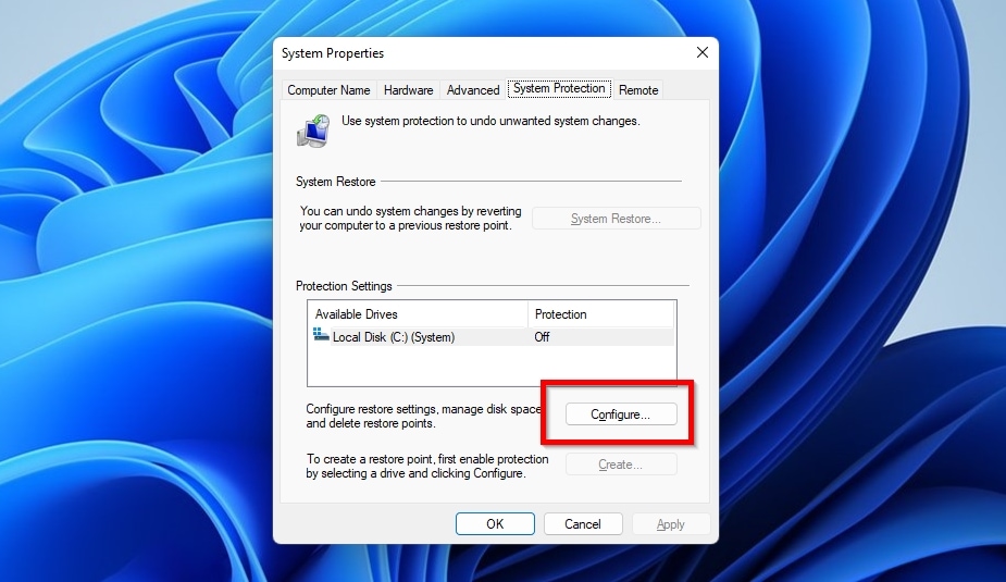 System Protection Configure